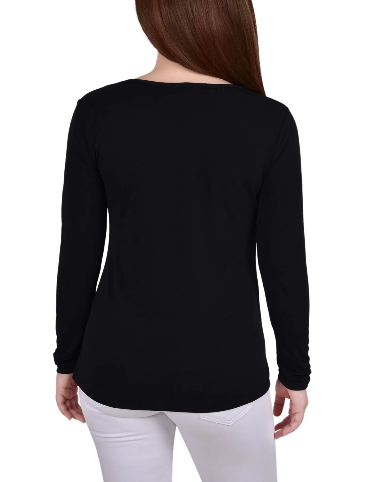 Wine Long Sleeve Studded Colorblocked Split Neck Top - Petite - Image 4