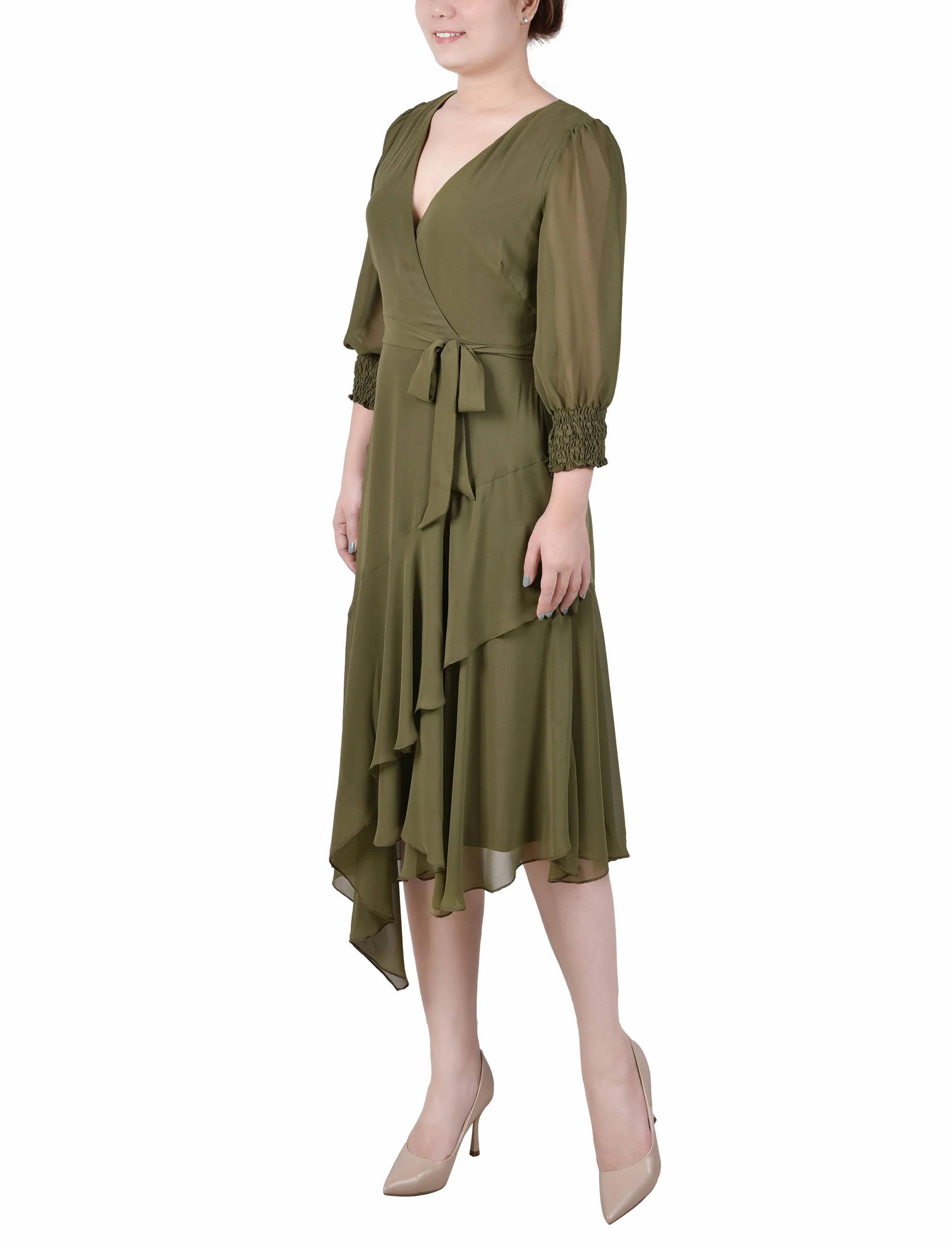 Winter Moss 3/4 Sleeve Belted Chiffon Hankerchief Hem Dress - Image 2