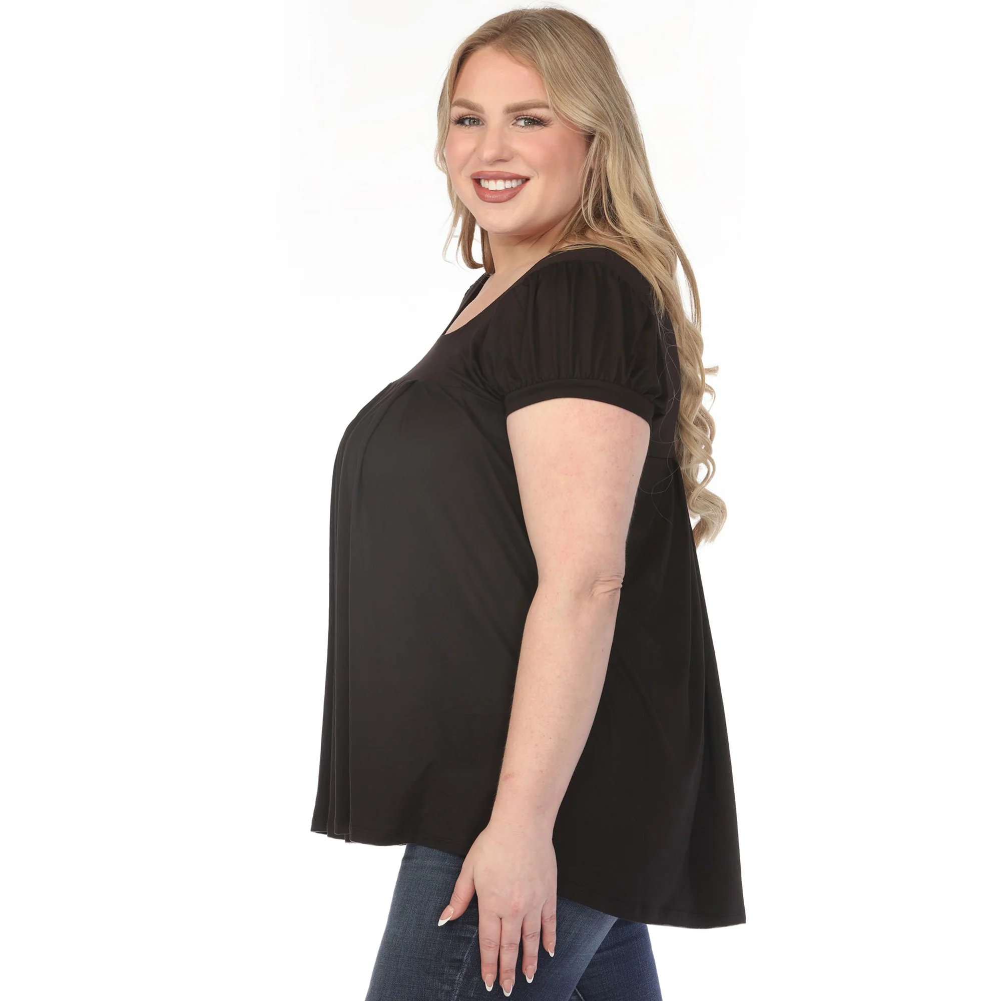 Women's  Cap Sleeve Pleated Top - Black - Plus - Image 2