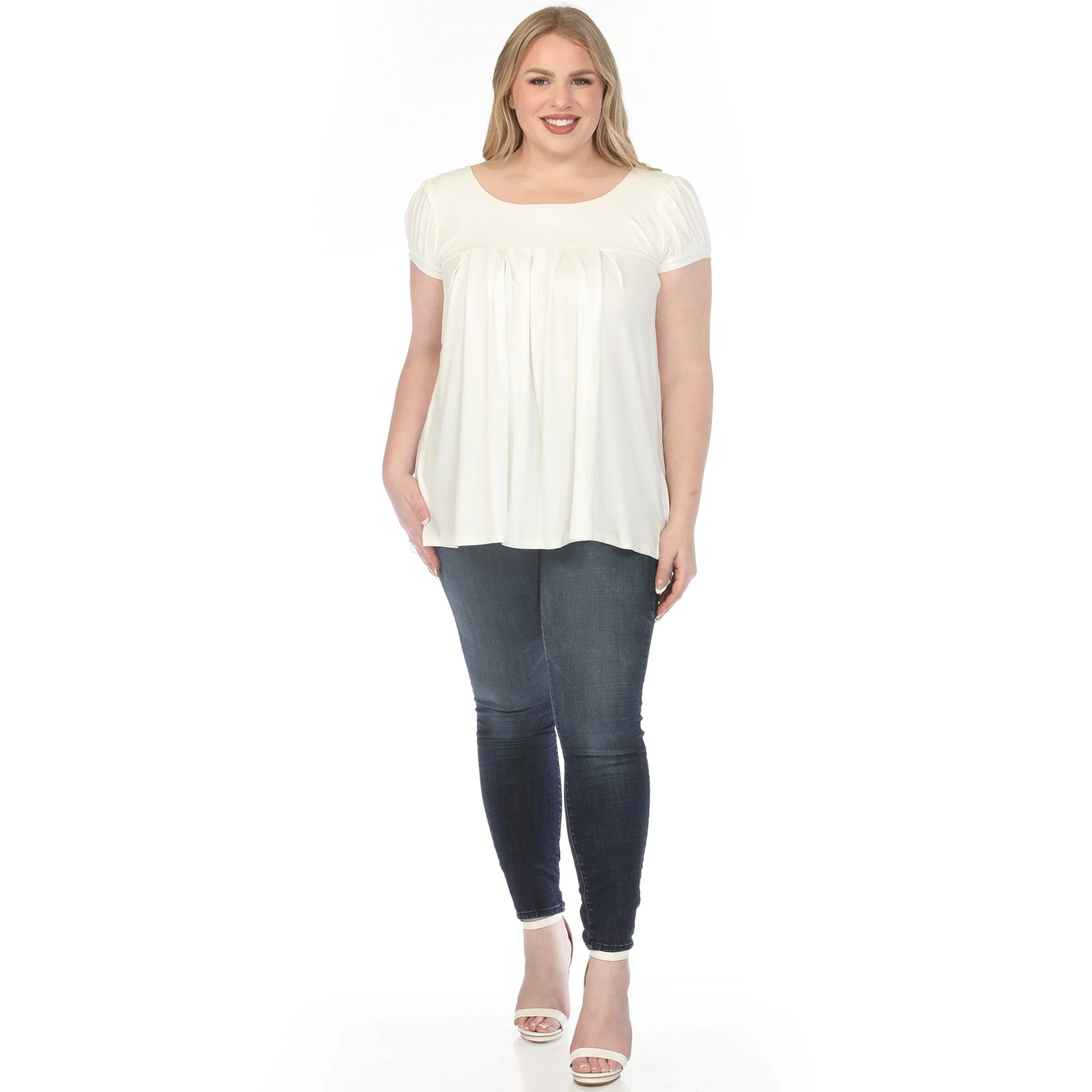 Women's  Cap Sleeve Pleated Top - Off White - Plus - Image 5