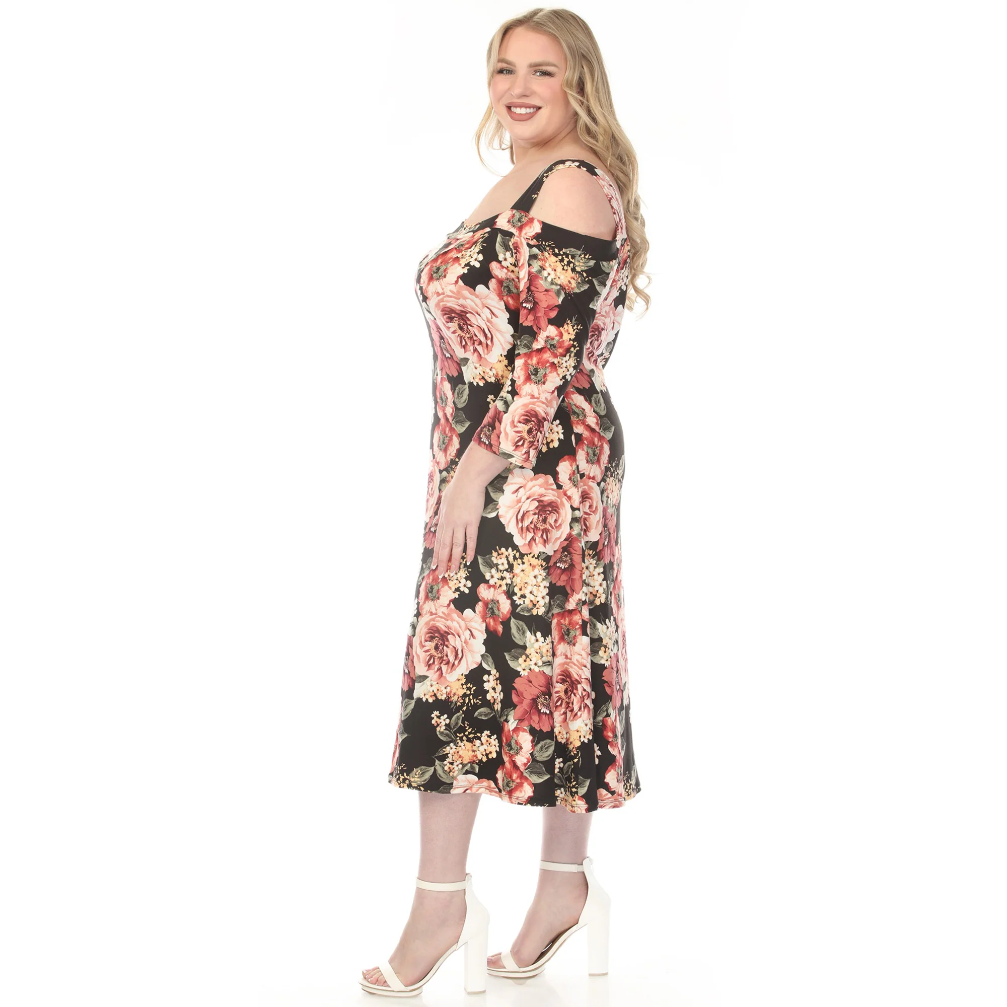 Women's  Cold Shoulder 3/4 Sleeve Dress - Black - Plus - Image 2