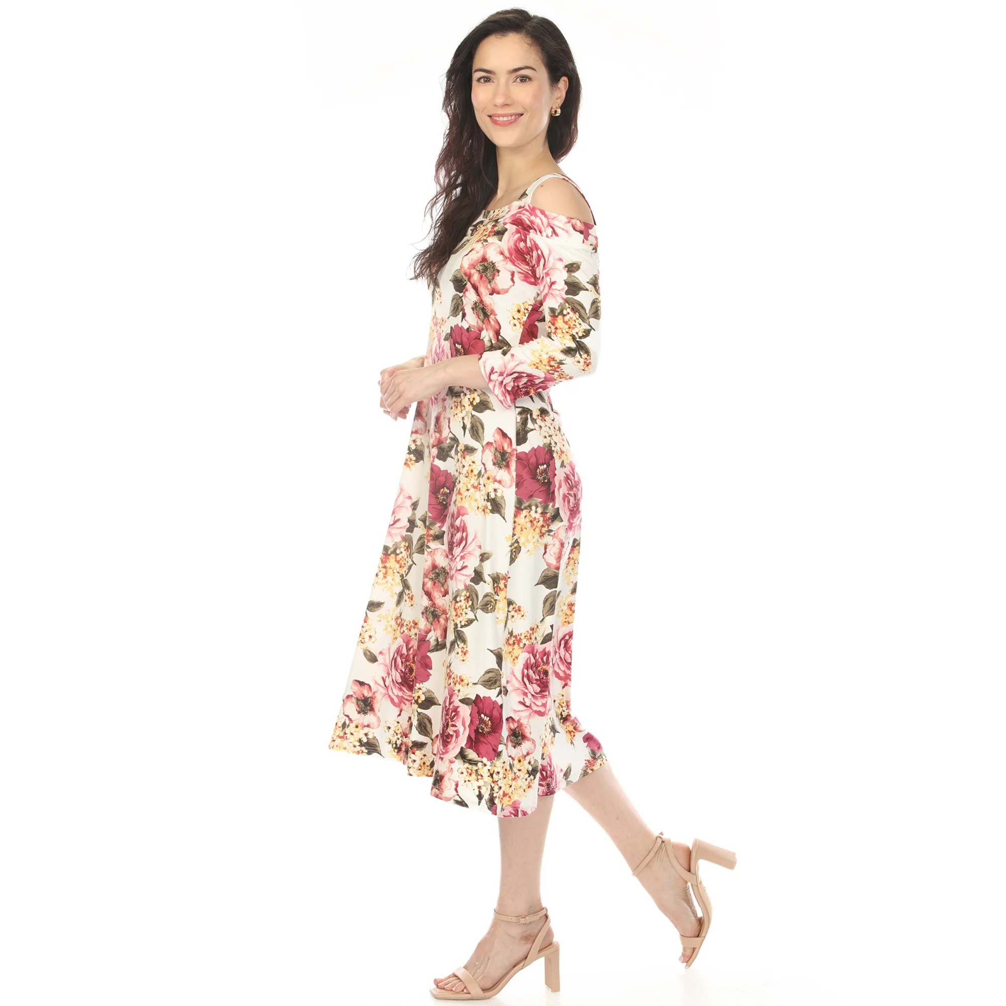 Women's Cold Shoulder 3/4 Sleeve Dress - Ivory Mauve - Image 2