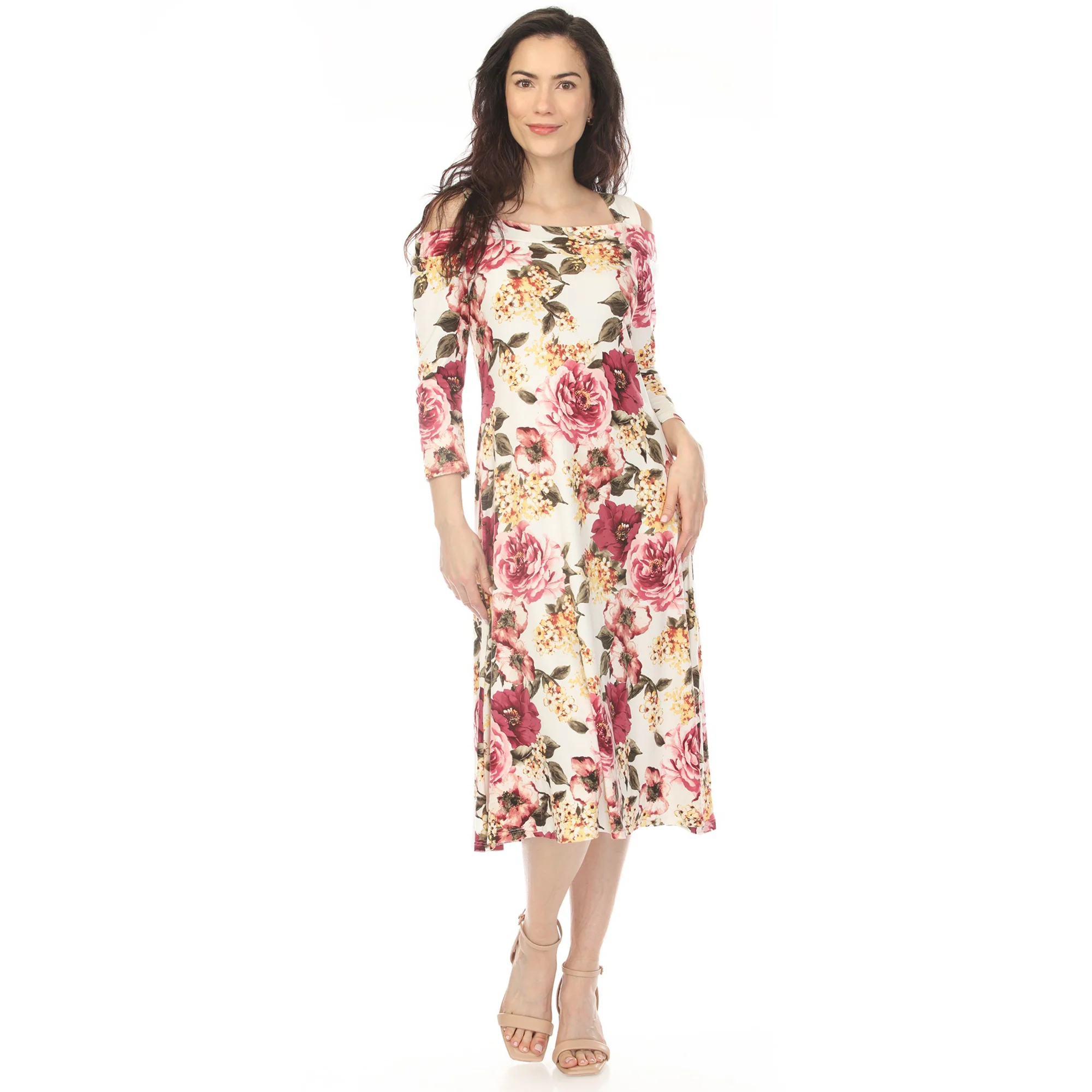 Women's Cold Shoulder 3/4 Sleeve Dress - Ivory Mauve - Image 5