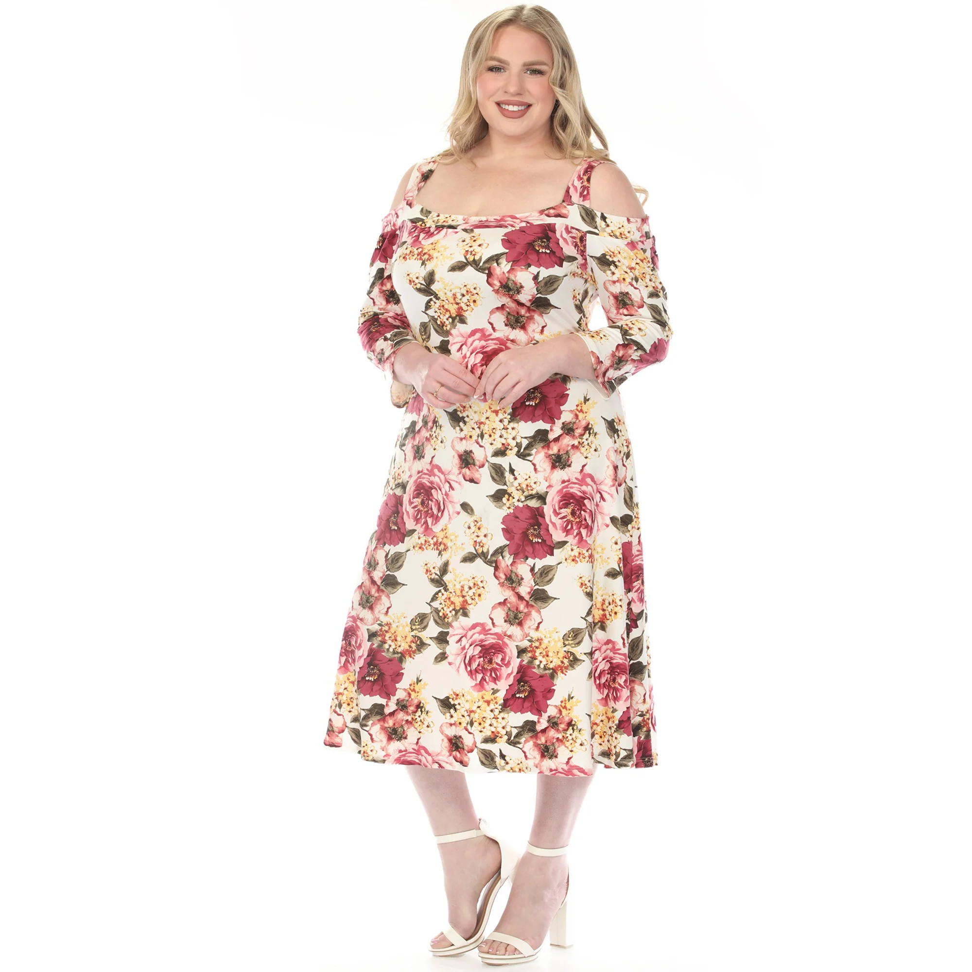 Women's  Cold Shoulder 3/4 Sleeve Dress - Ivory Mauve - Plus - Image 5