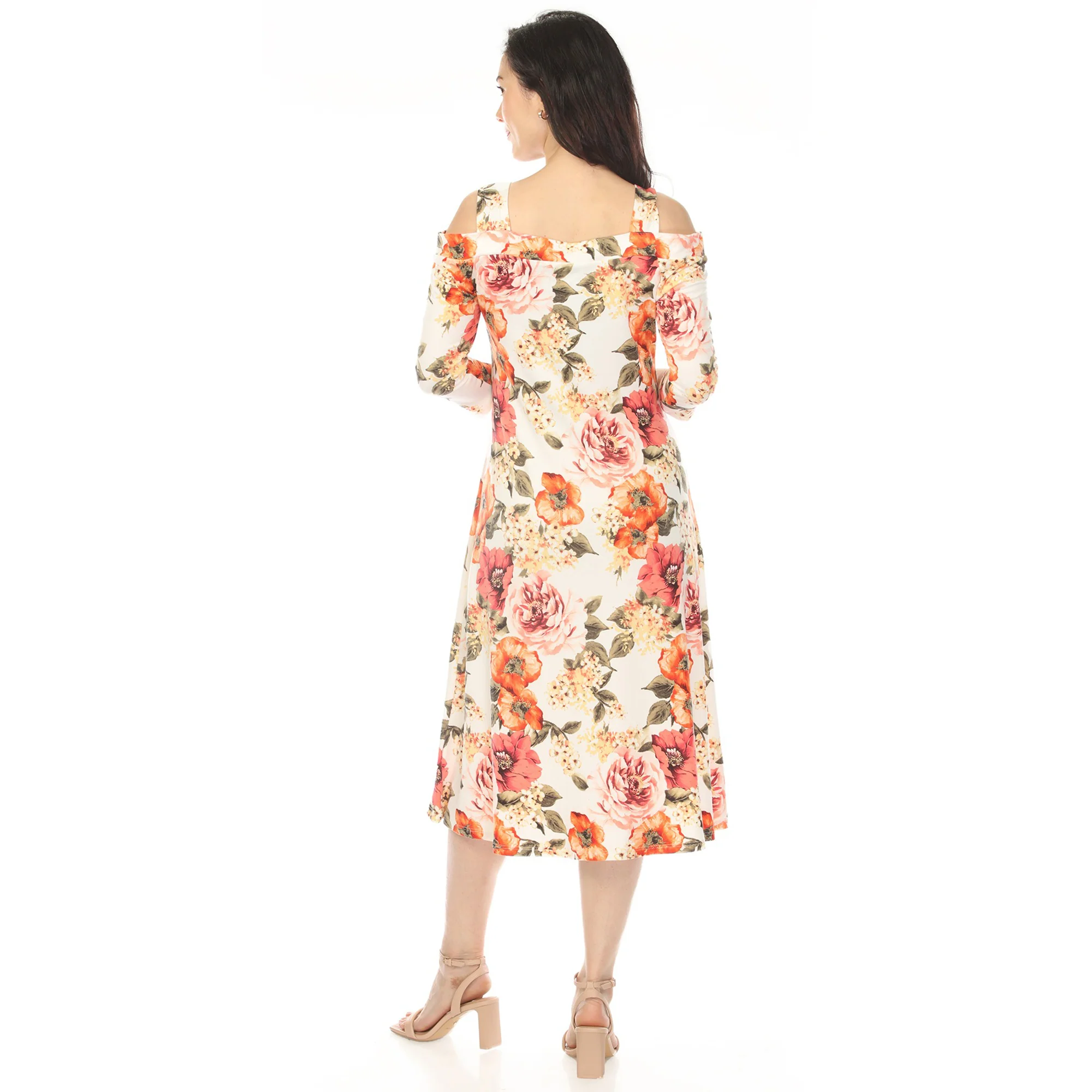 Women's Cold Shoulder 3/4 Sleeve Dress - Ivory Orange - Image 3