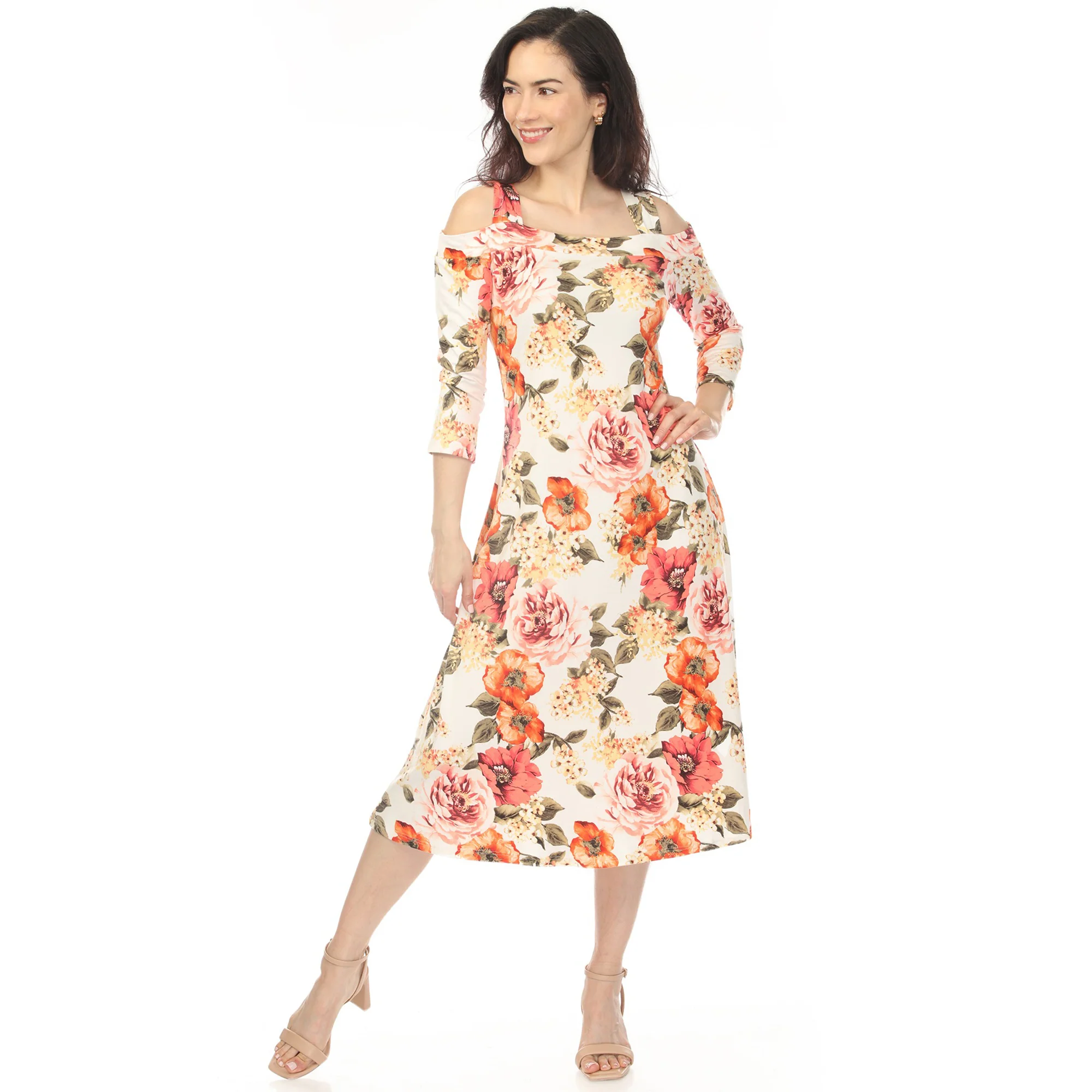 Women's Cold Shoulder 3/4 Sleeve Dress - Ivory Orange - Image 5
