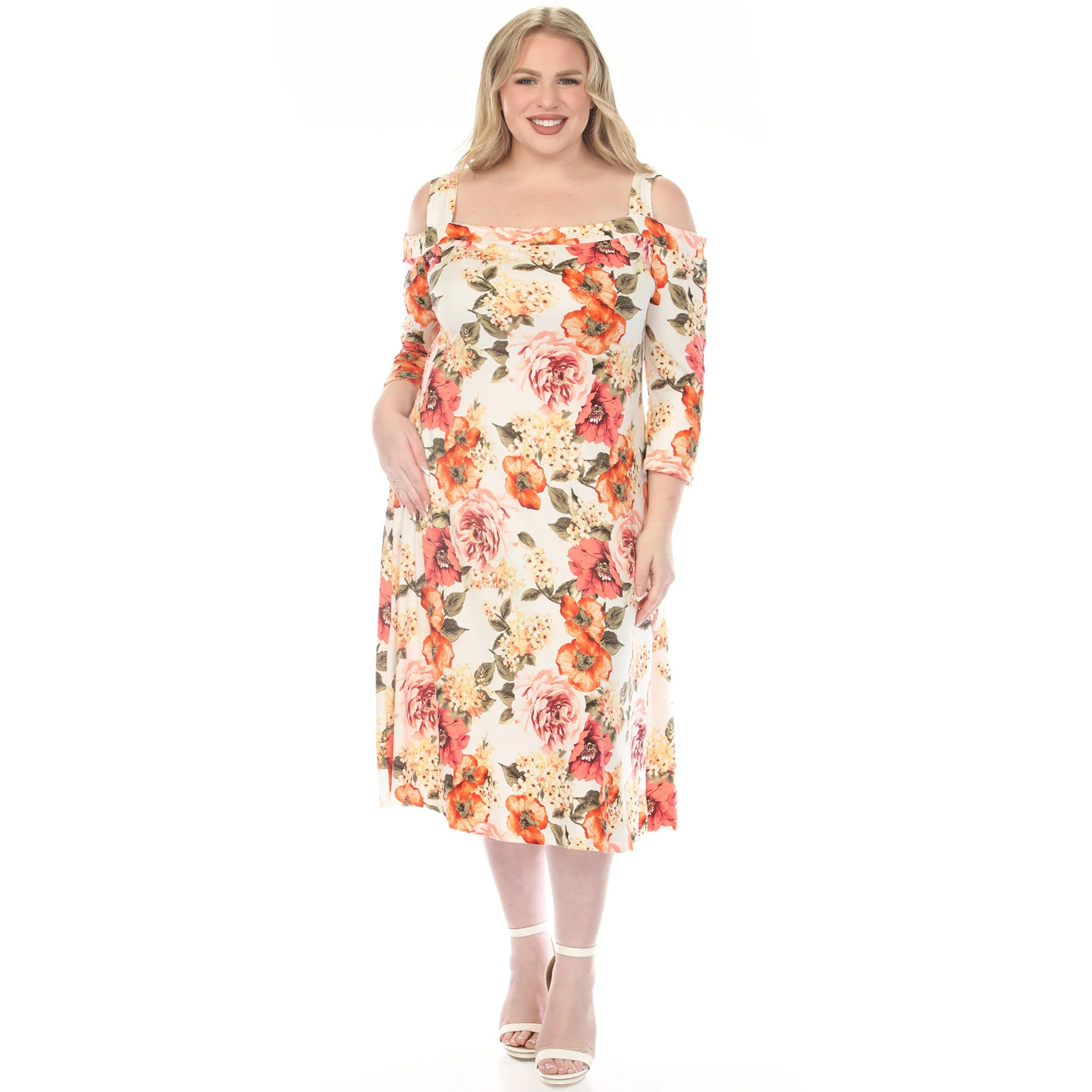 Women's  Cold Shoulder 3/4 Sleeve Dress - Ivory Orange - Plus - Image 5