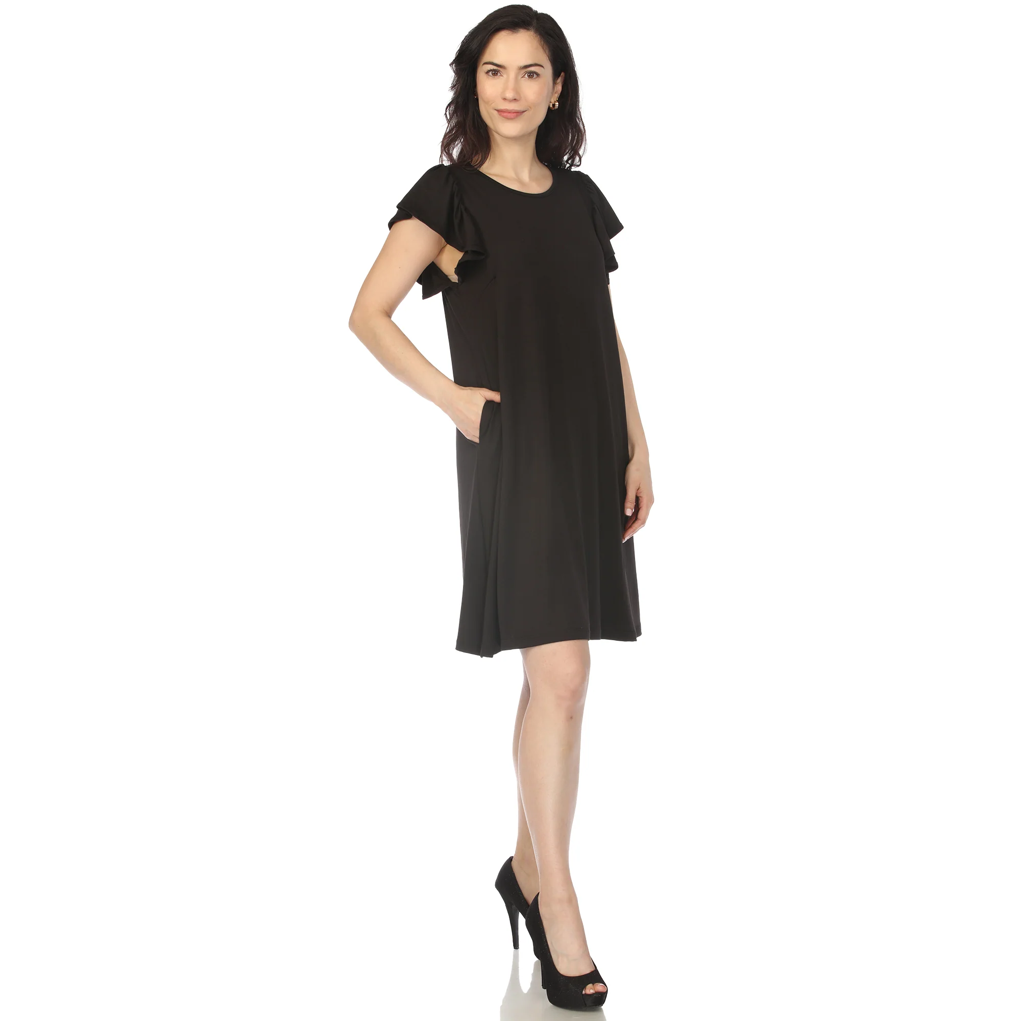 Women's Crew Neck Ruffle Sleeve Dress - Black - Image 2