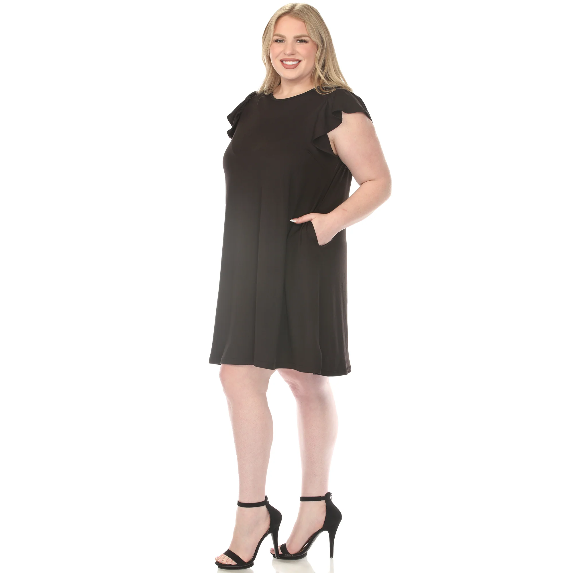 Women's  Crew Neck Ruffle Sleeve Dress - Black - Plus - Image 2