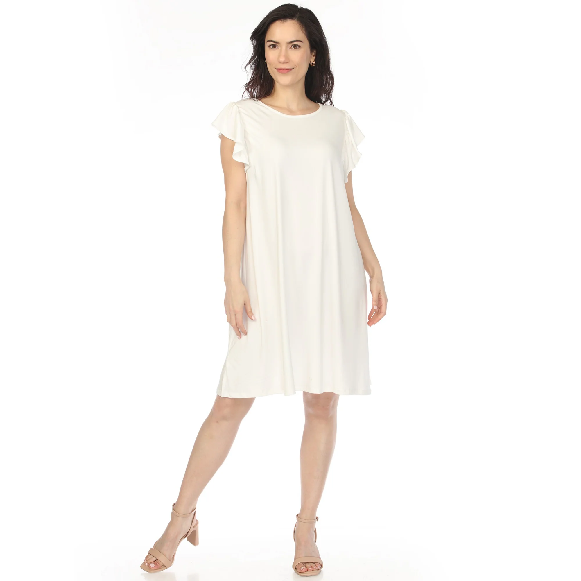 Women's Crew Neck Ruffle Sleeve Dress - Off White - Image 5