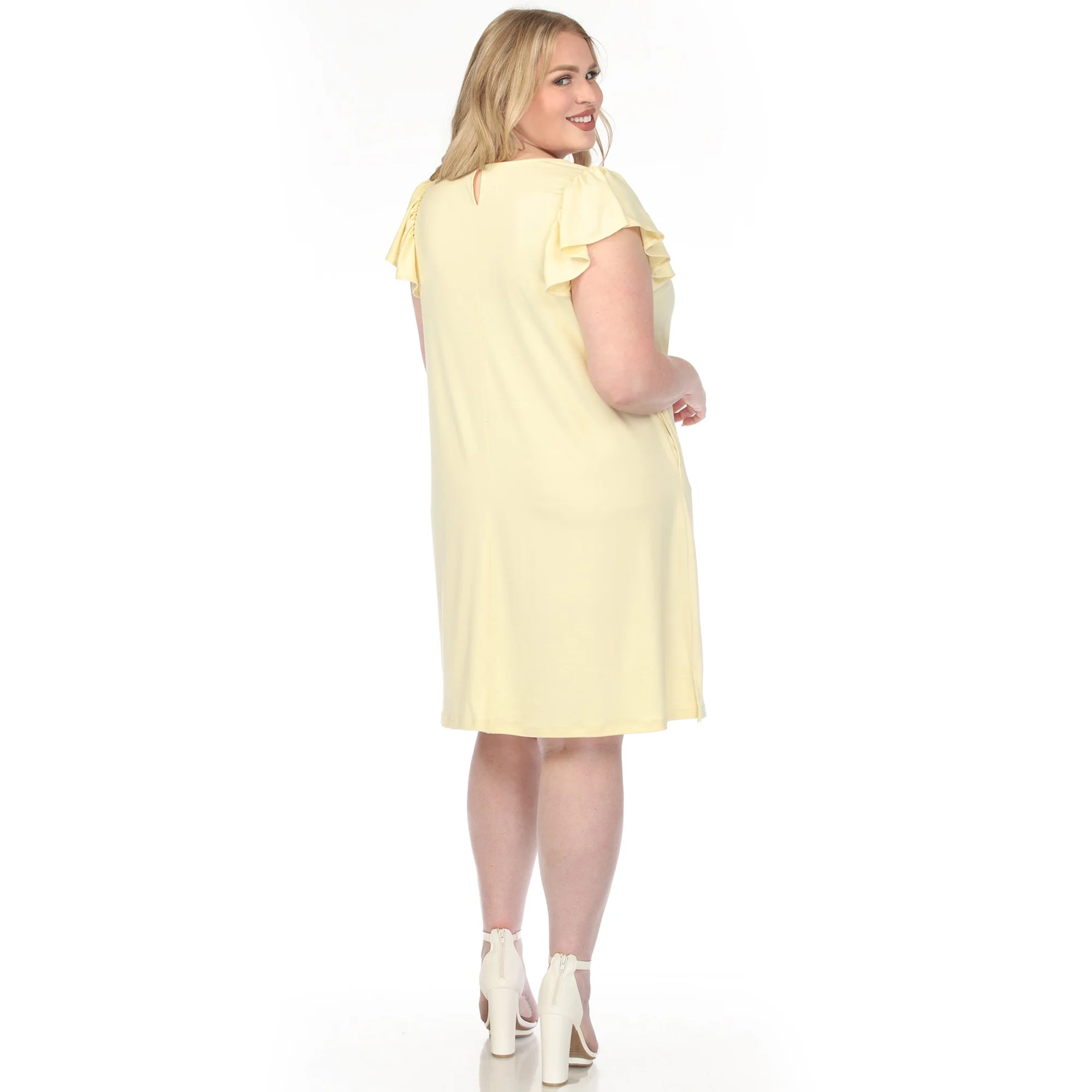 Women's  Crew Neck Ruffle Sleeve Dress - Yellow - Plus - Image 3