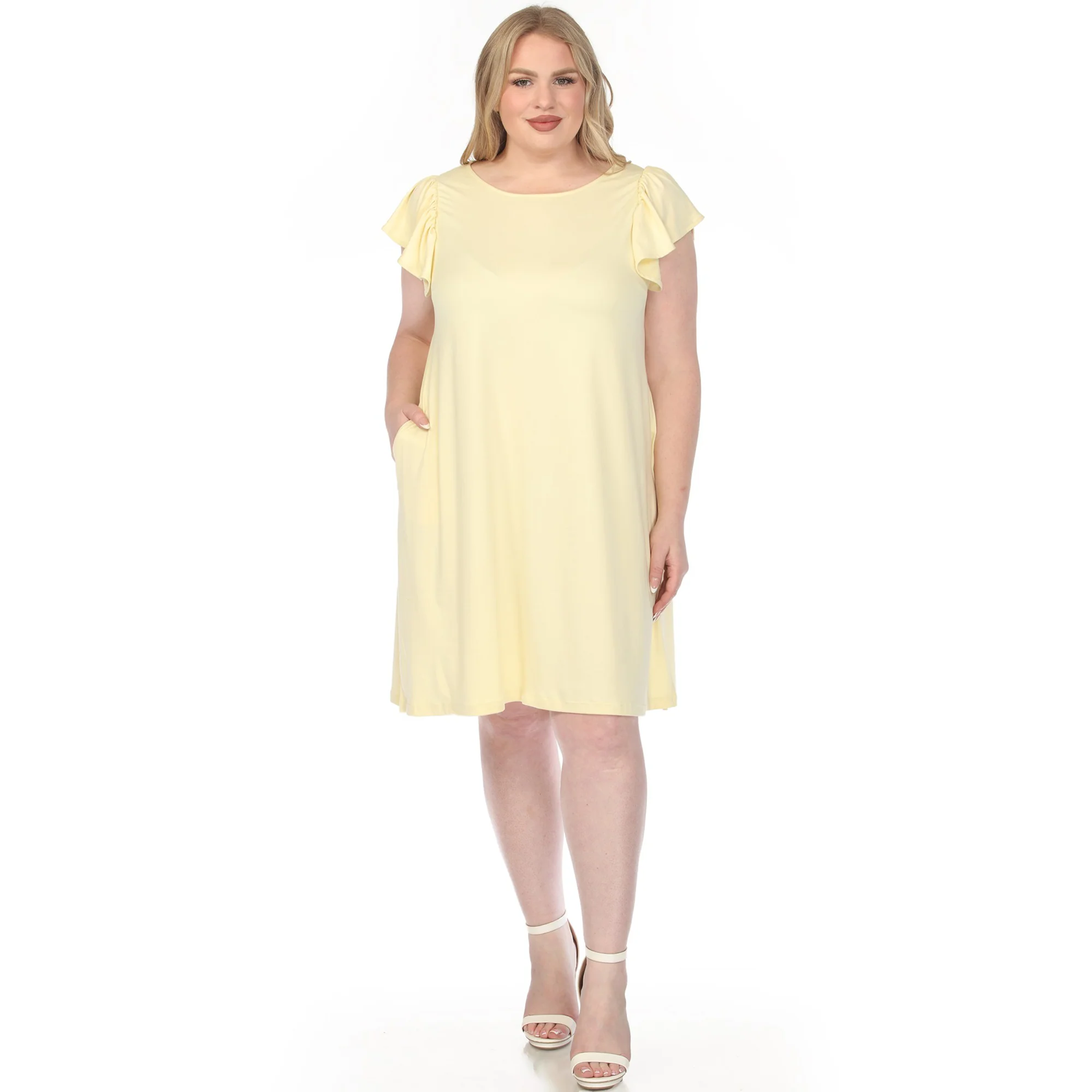 Women's  Crew Neck Ruffle Sleeve Dress - Yellow - Plus - Image 5