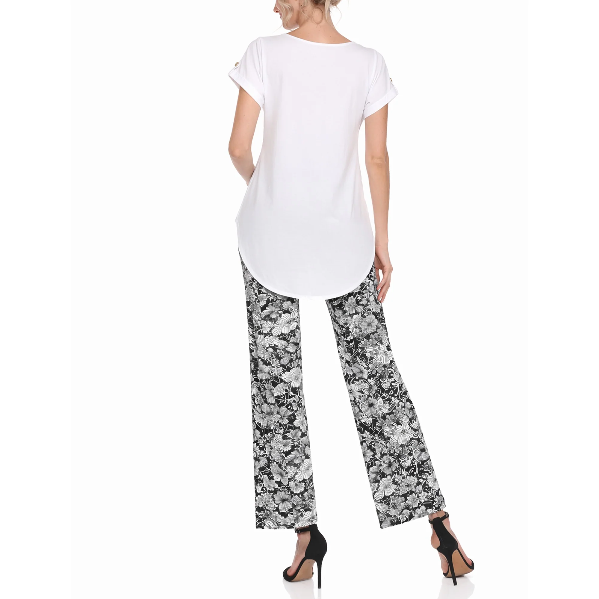 Women's Folded Sleeve Top and Printed Pant Two-Piece Set - Image 3