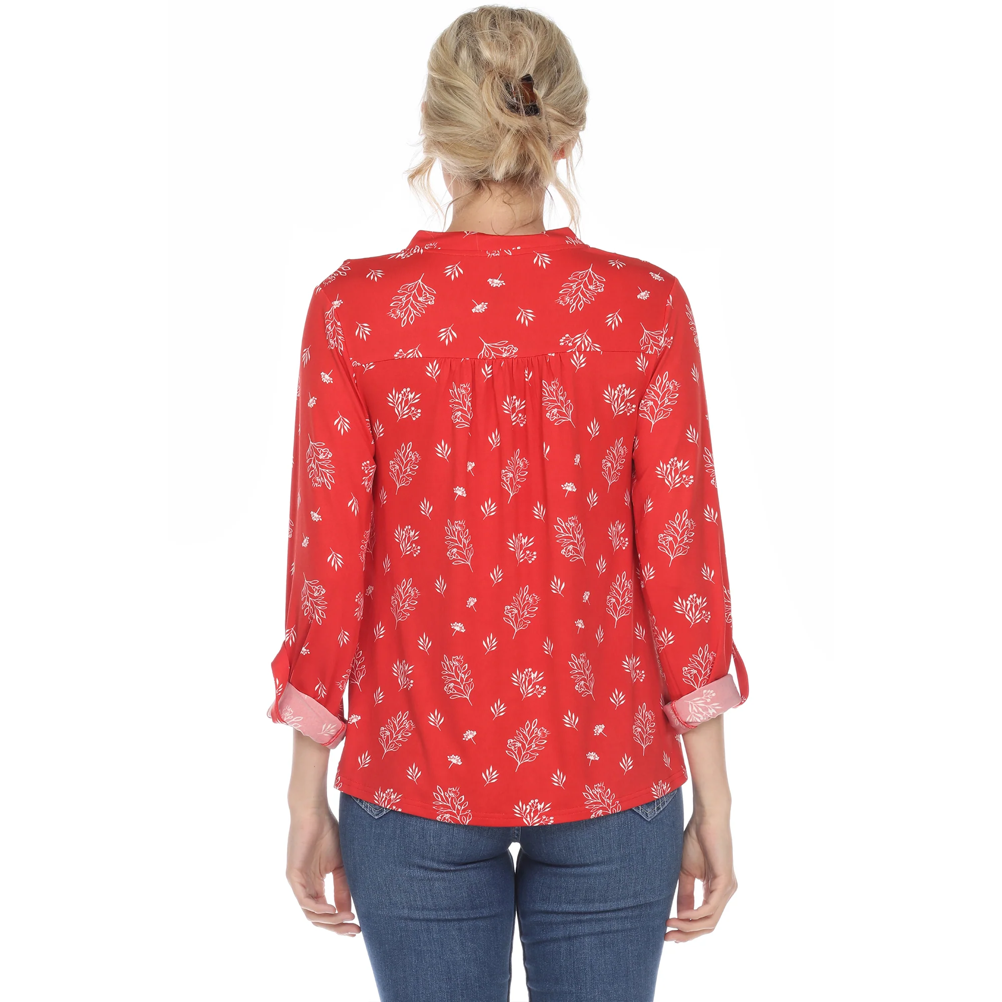 Women's Pleated Long Sleeve Leaf Print Blouse - Image 13