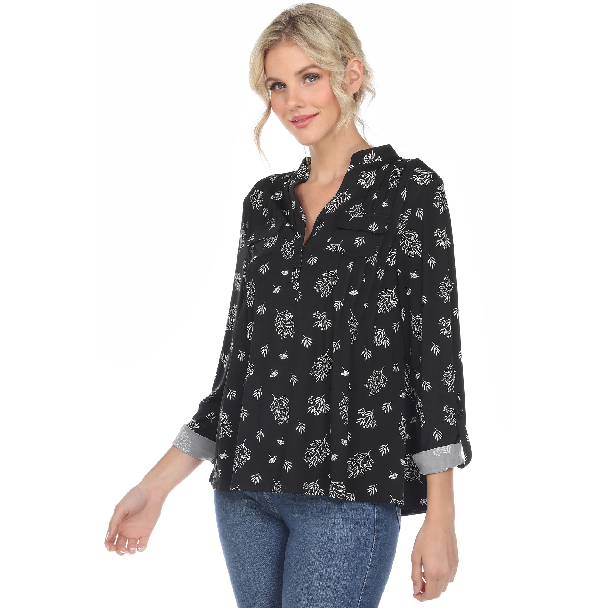 Women's Pleated Long Sleeve Leaf Print Blouse - Image 2