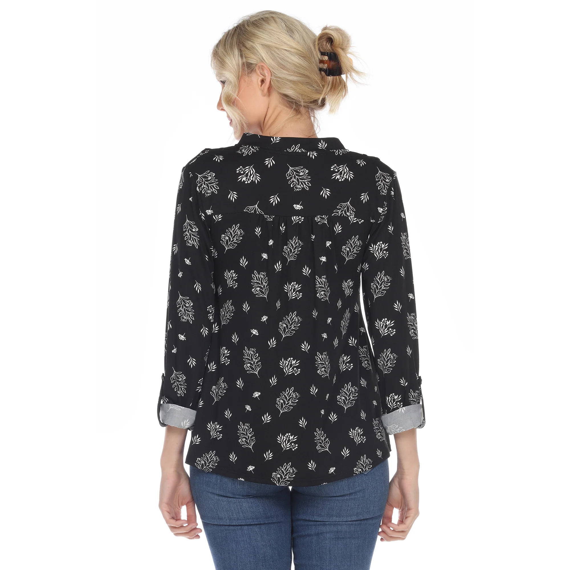 Women's Pleated Long Sleeve Leaf Print Blouse - Image 3