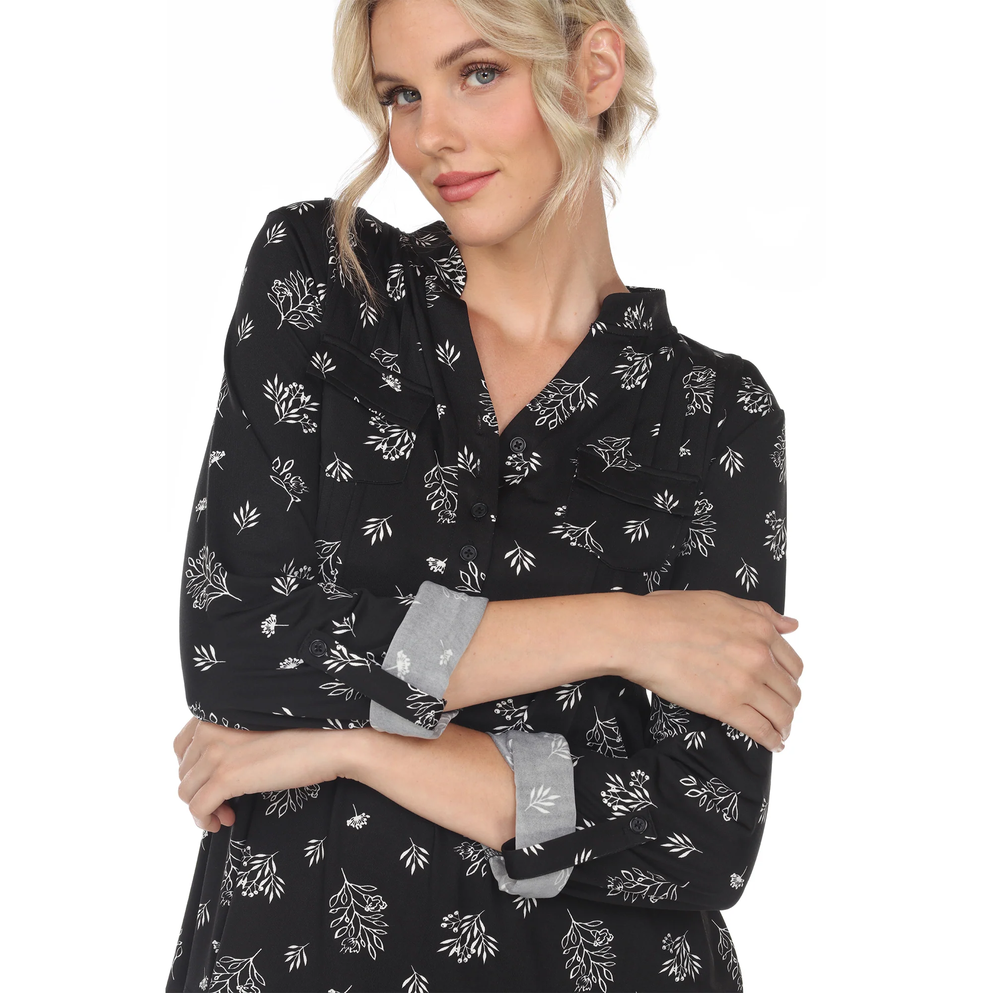 Women's Pleated Long Sleeve Leaf Print Blouse - Image 5