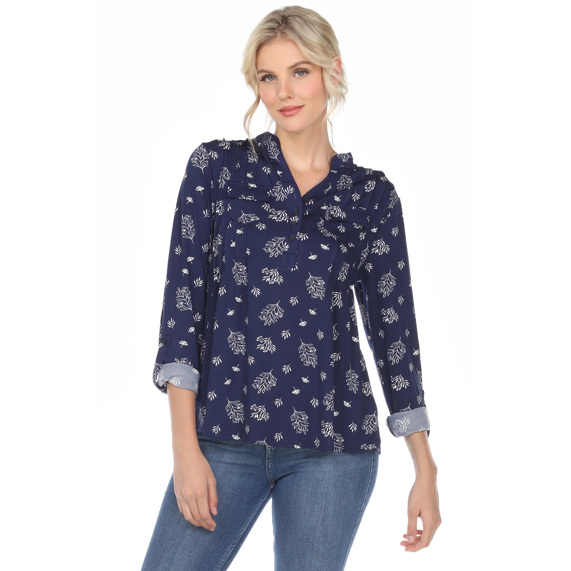 Women's Pleated Long Sleeve Leaf Print Blouse - Image 6