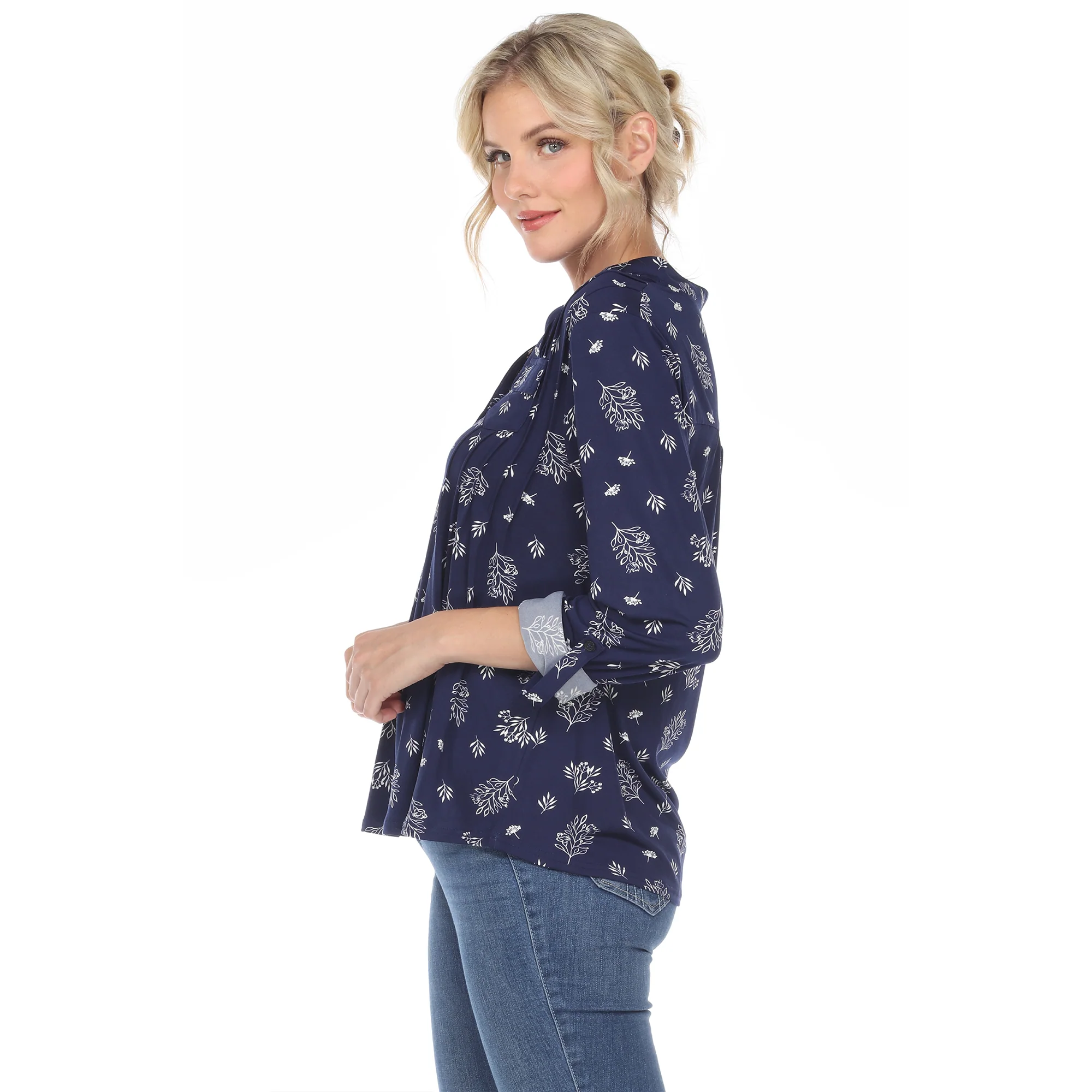 Women's Pleated Long Sleeve Leaf Print Blouse - Image 7