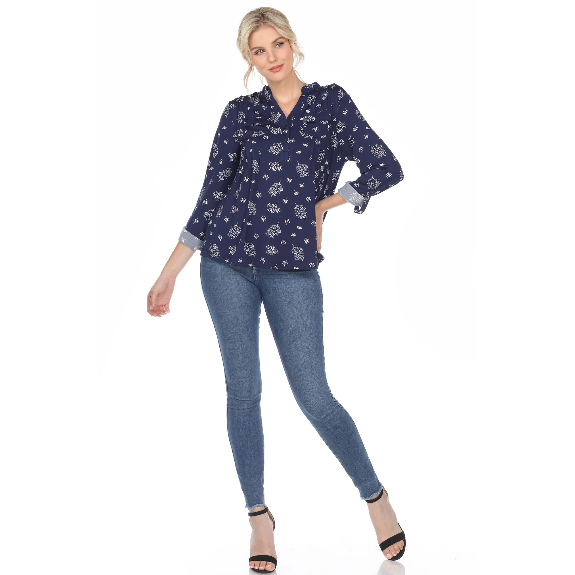 Women's Pleated Long Sleeve Leaf Print Blouse - Image 9