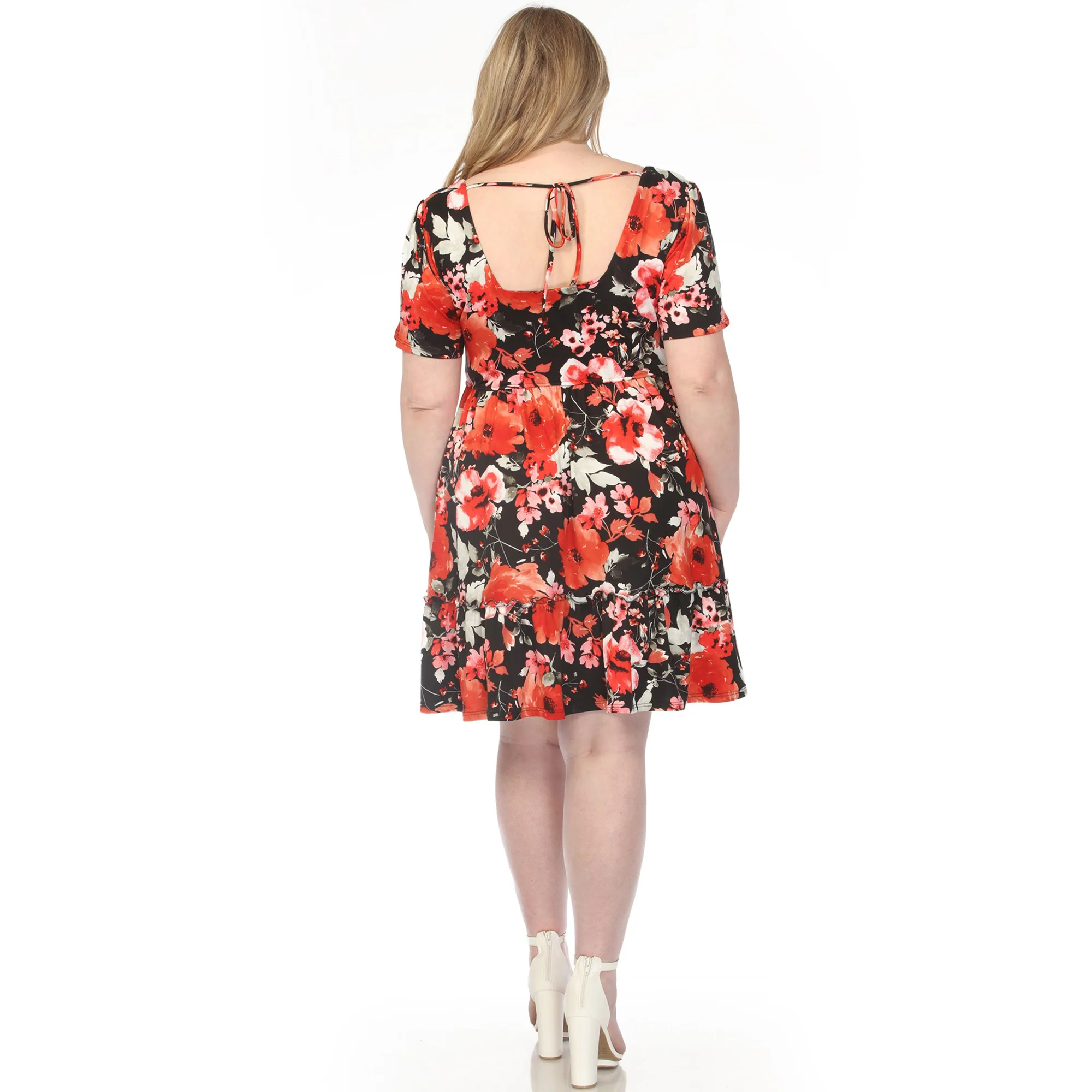 Women's  Square Neck Short Sleeve Floral Dress - Black Red - Plus - Image 3