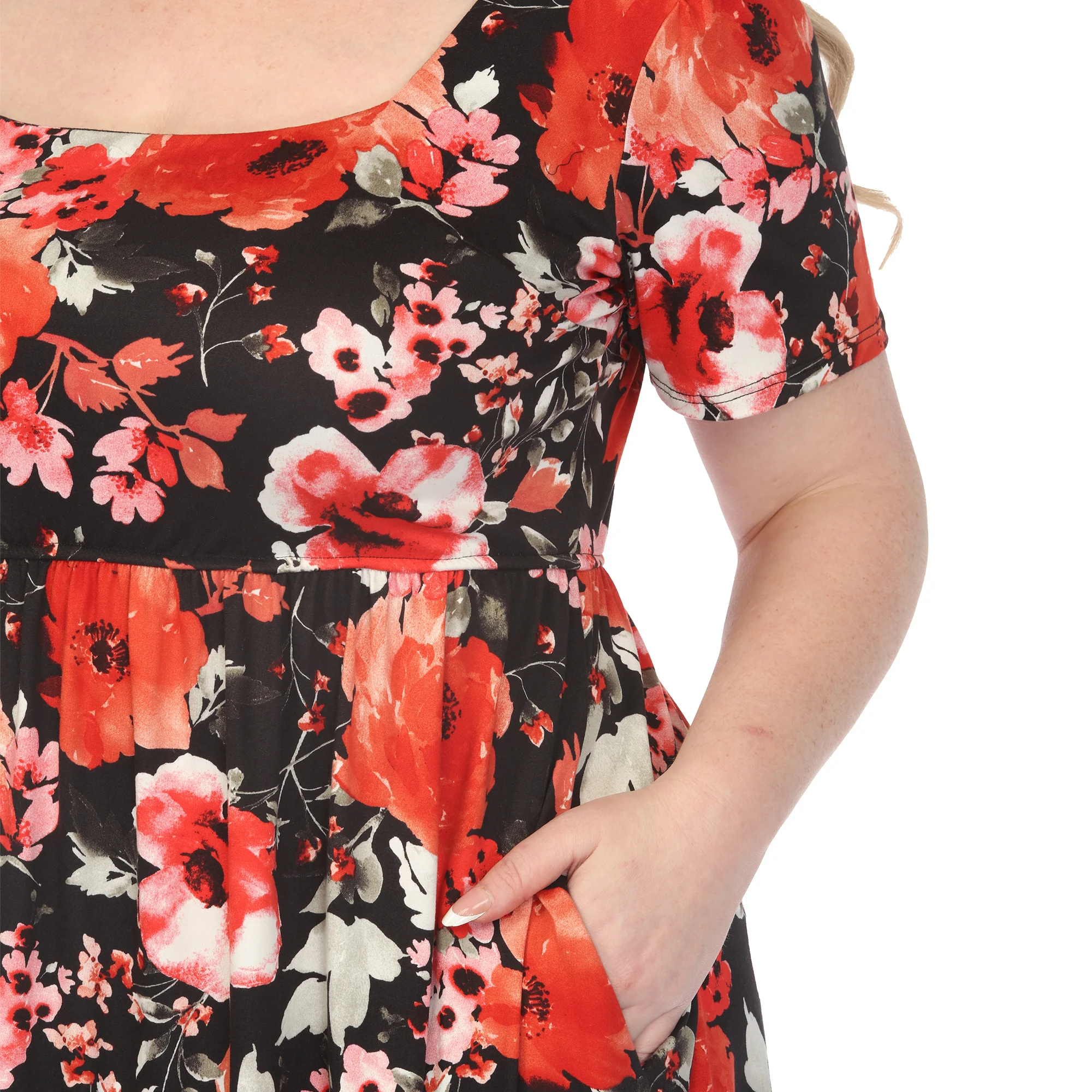Women's  Square Neck Short Sleeve Floral Dress - Black Red - Plus - Image 4