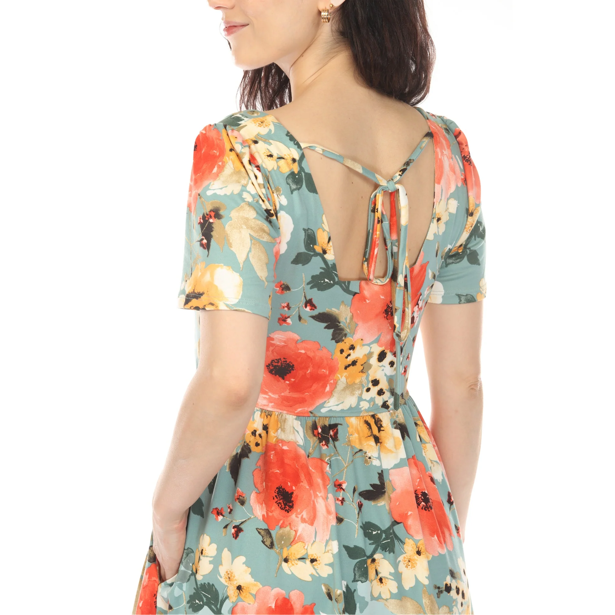 Women's Square Neck Short Sleeve Floral Dress - Sage Coral - Image 4