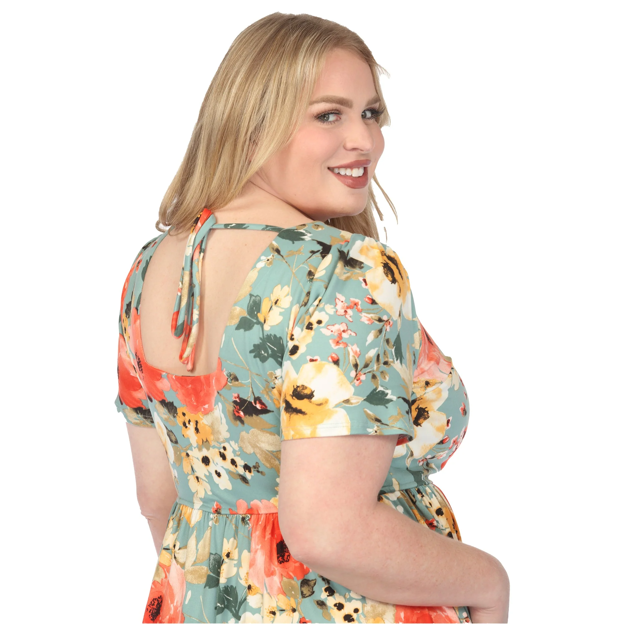 Women's  Square Neck Short Sleeve Floral Dress - Sage Coral - Plus - Image 4