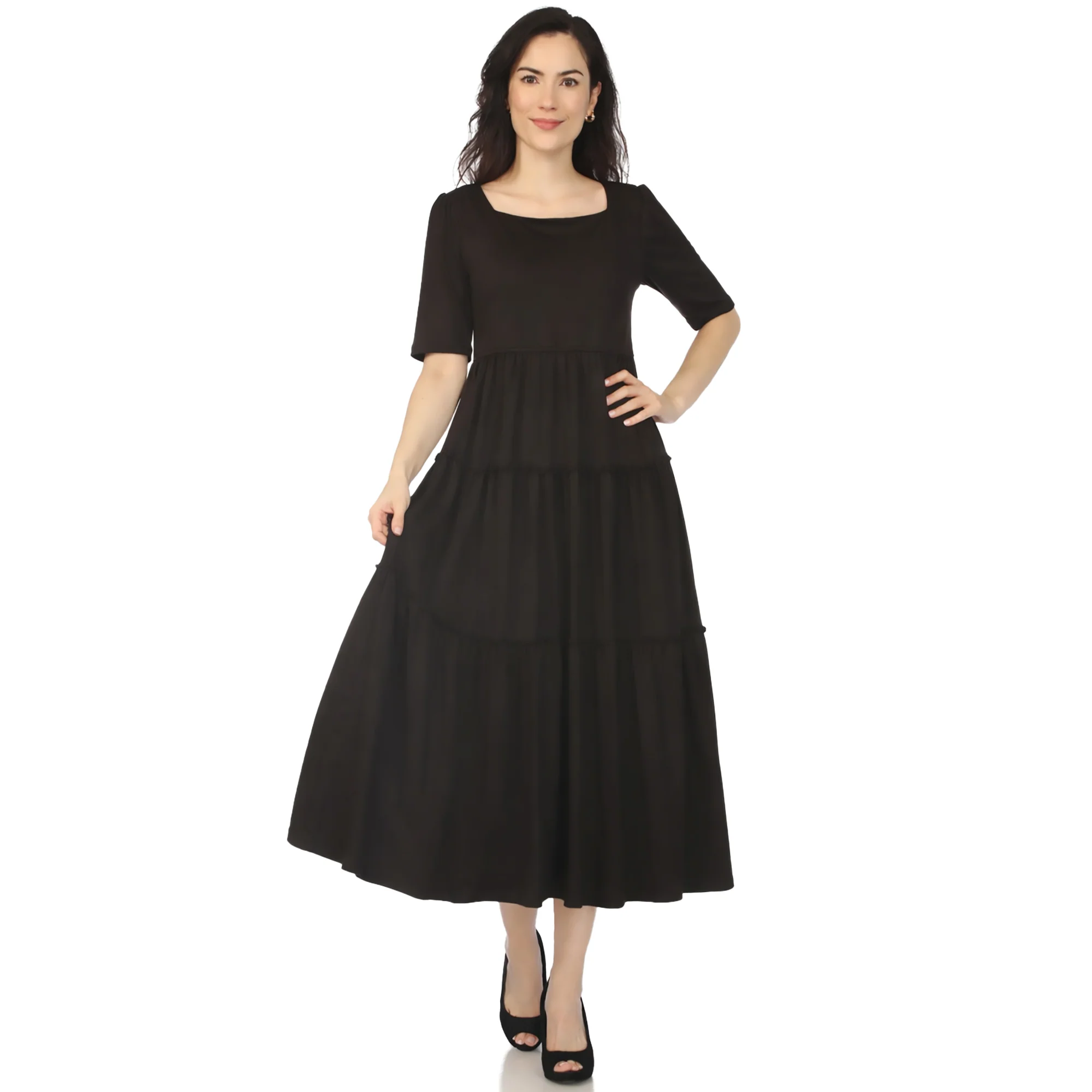 Women's Square Neck Short Sleeve Tiered Dress - Black - Image 5