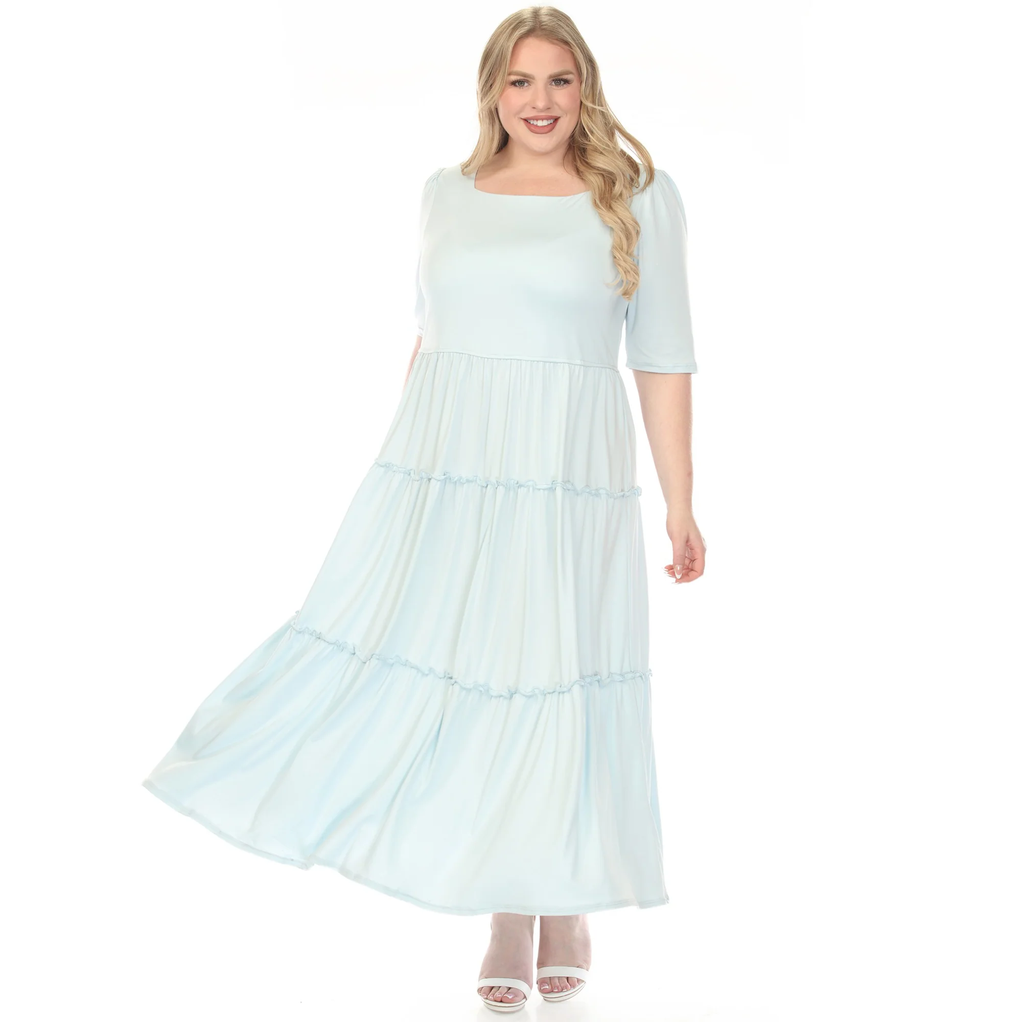Women's  Square Neck Short Sleeve Tiered Dress - Dusty Blue - Plus - Image 5