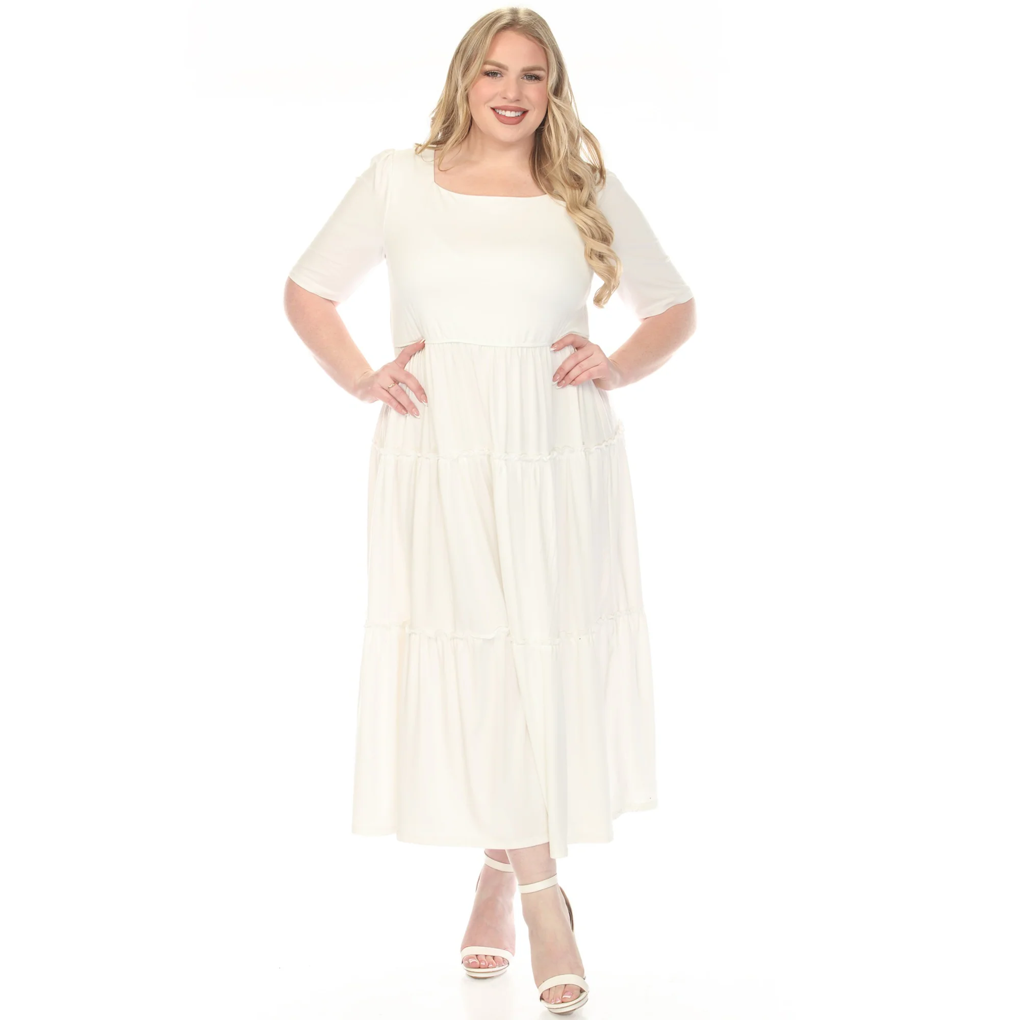 Women's  Square Neck Short Sleeve Tiered Dress - Off White - Plus - Image 5