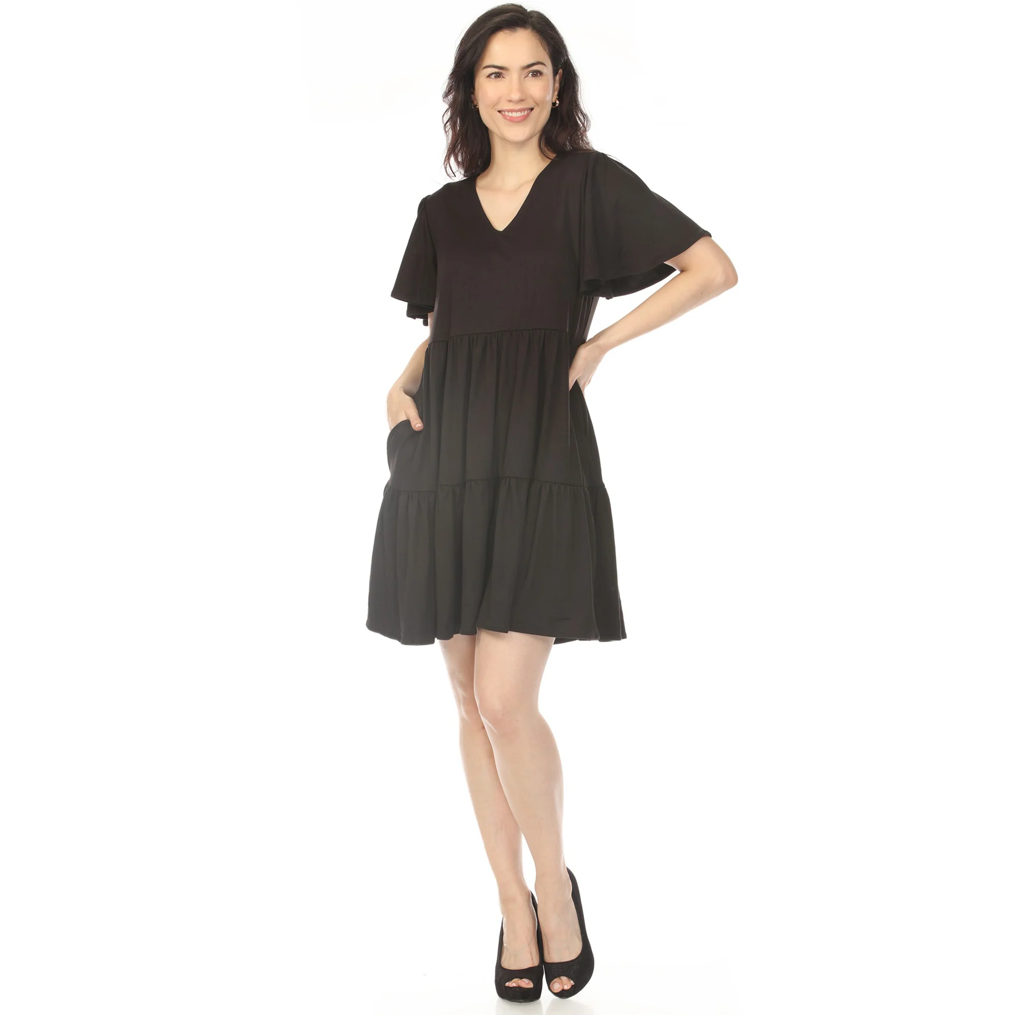 Women's V-Neck Short Sleeve Dress - Black - Image 5