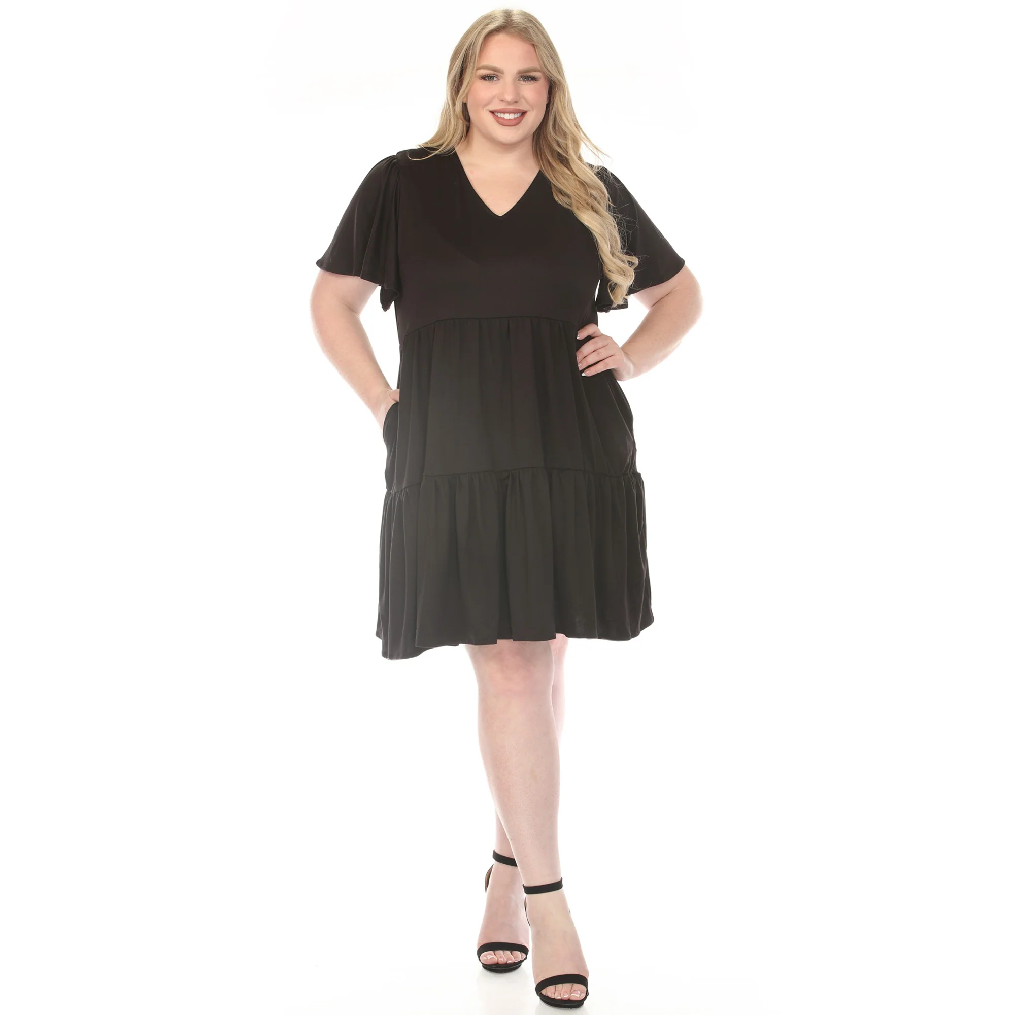 Women's  V-Neck Short Sleeve Dress - Black - Plus - Image 5