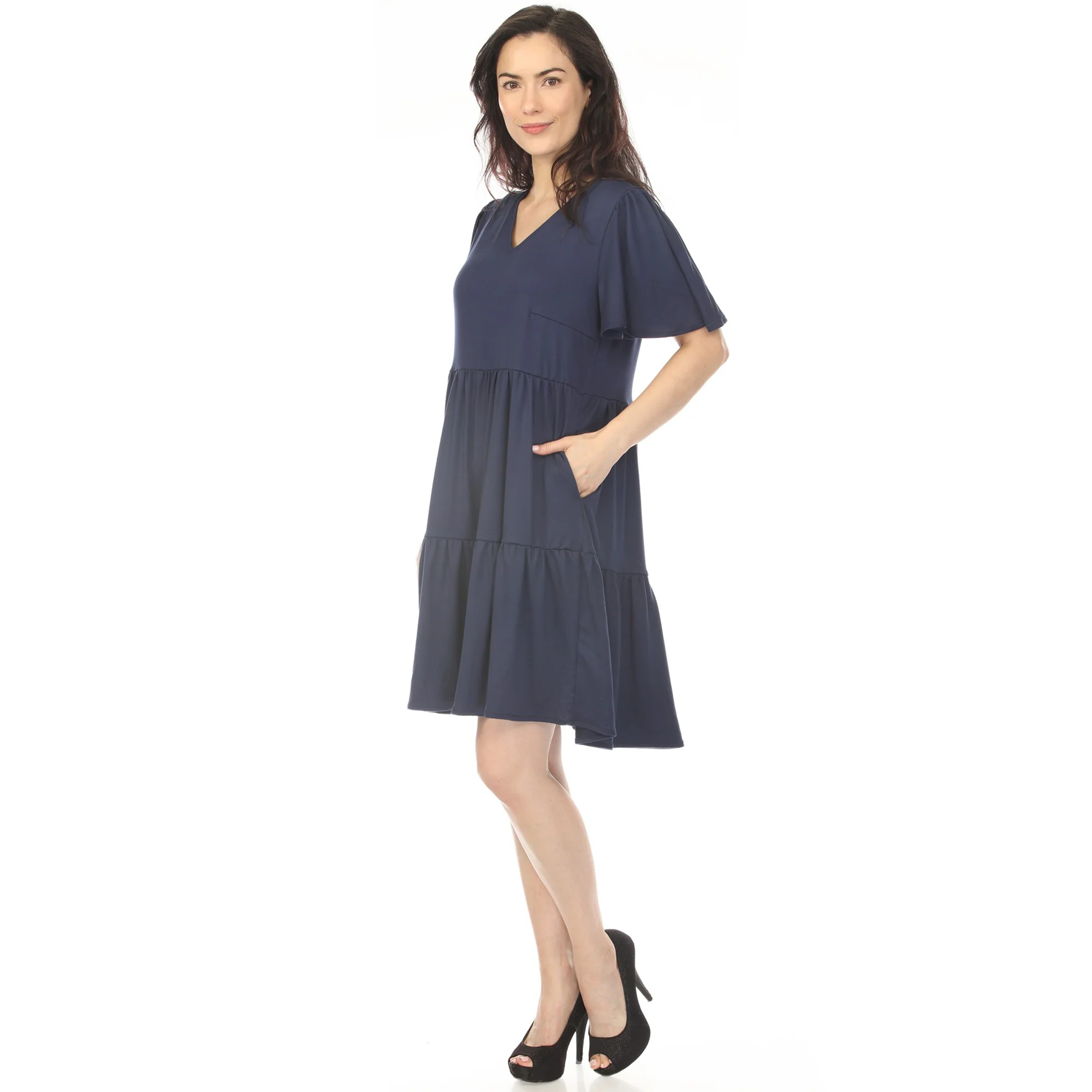 Women's V-Neck Short Sleeve Dress - Navy - Image 2