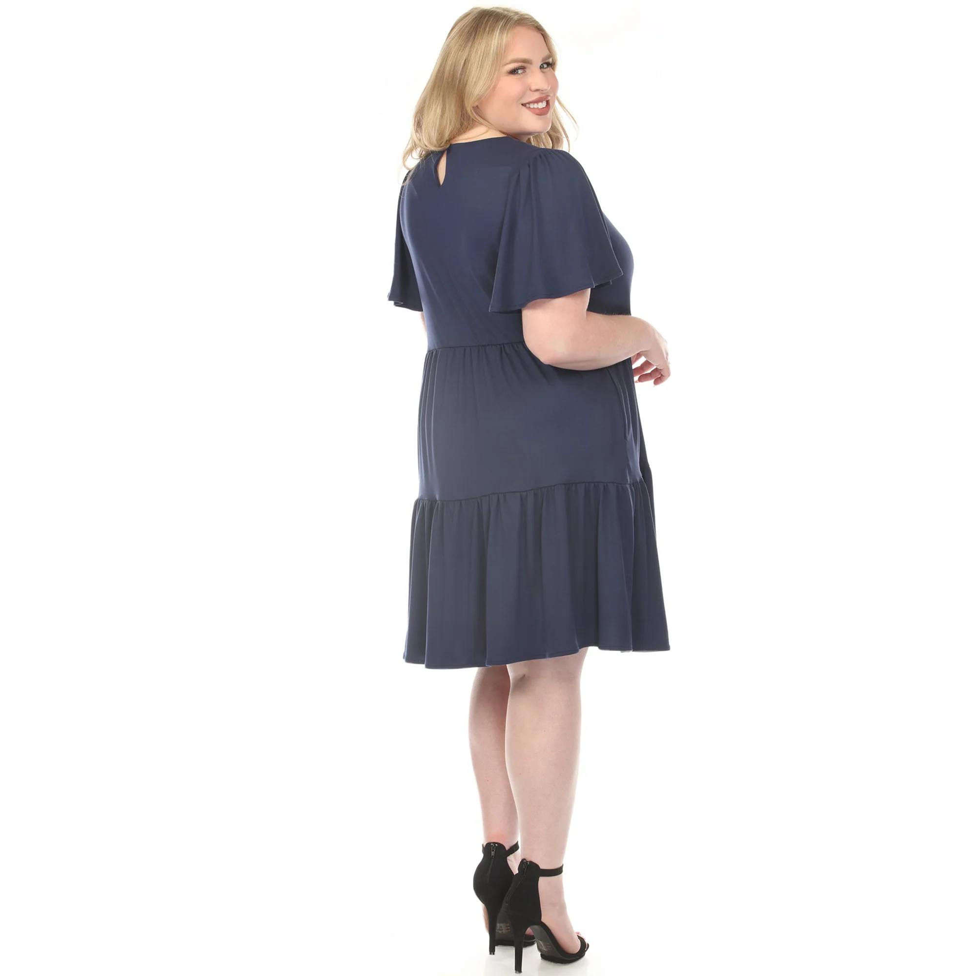 Women's  V-Neck Short Sleeve Dress - Navy - Plus - Image 3