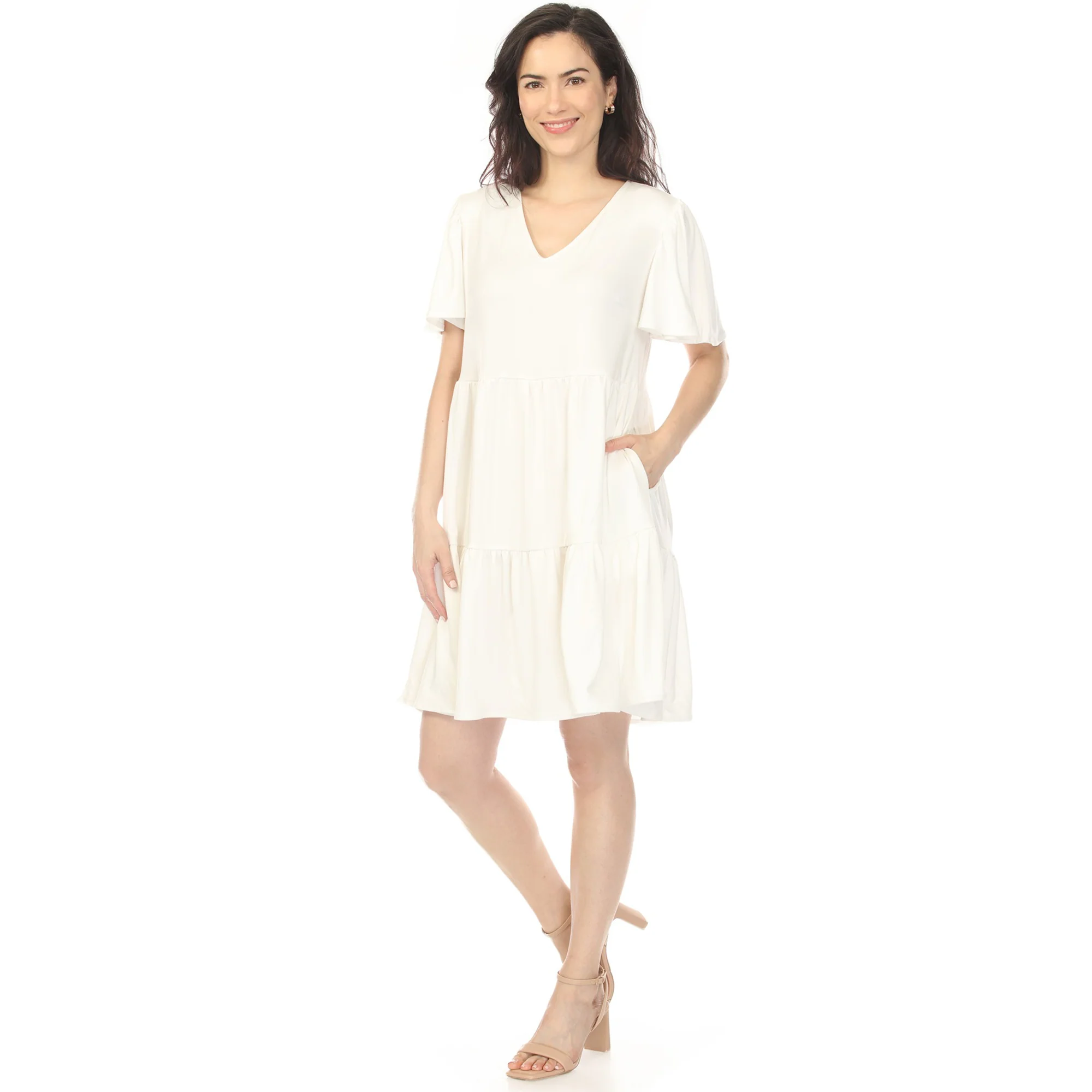 Women's V-Neck Short Sleeve Dress - Off White - Image 2