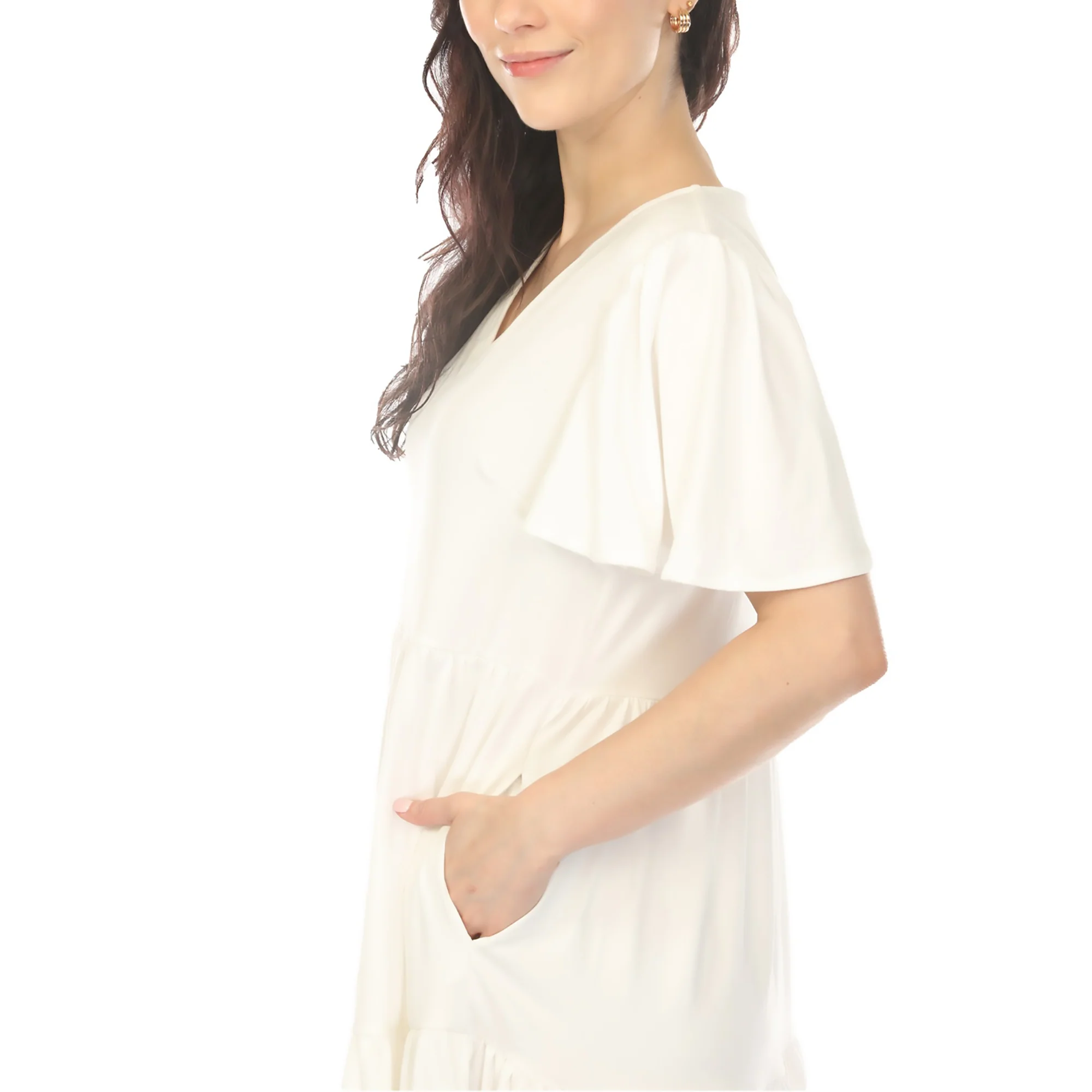 Women's V-Neck Short Sleeve Dress - Off White - Image 4