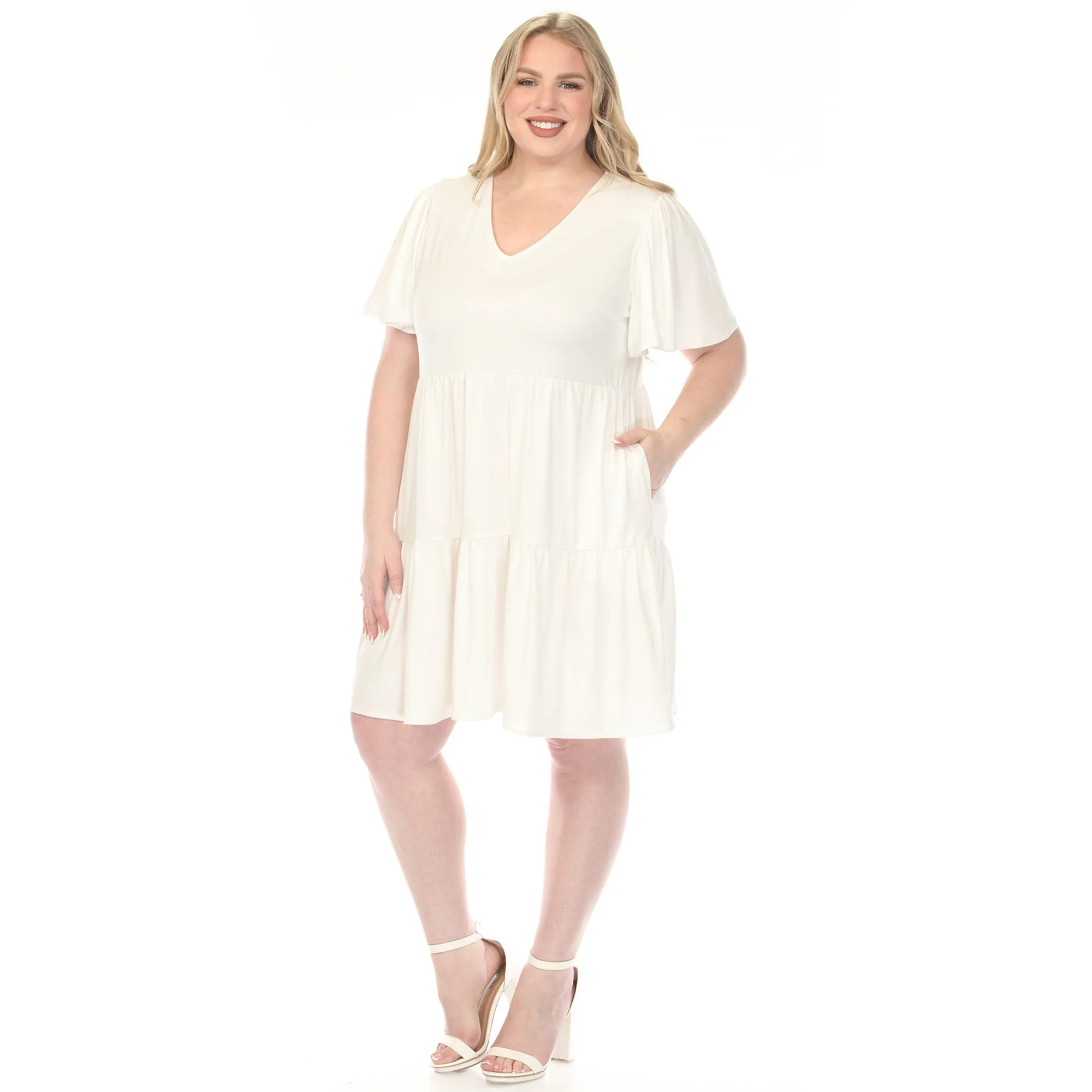 Women's  V-Neck Short Sleeve Dress - Off White - Plus - Image 2