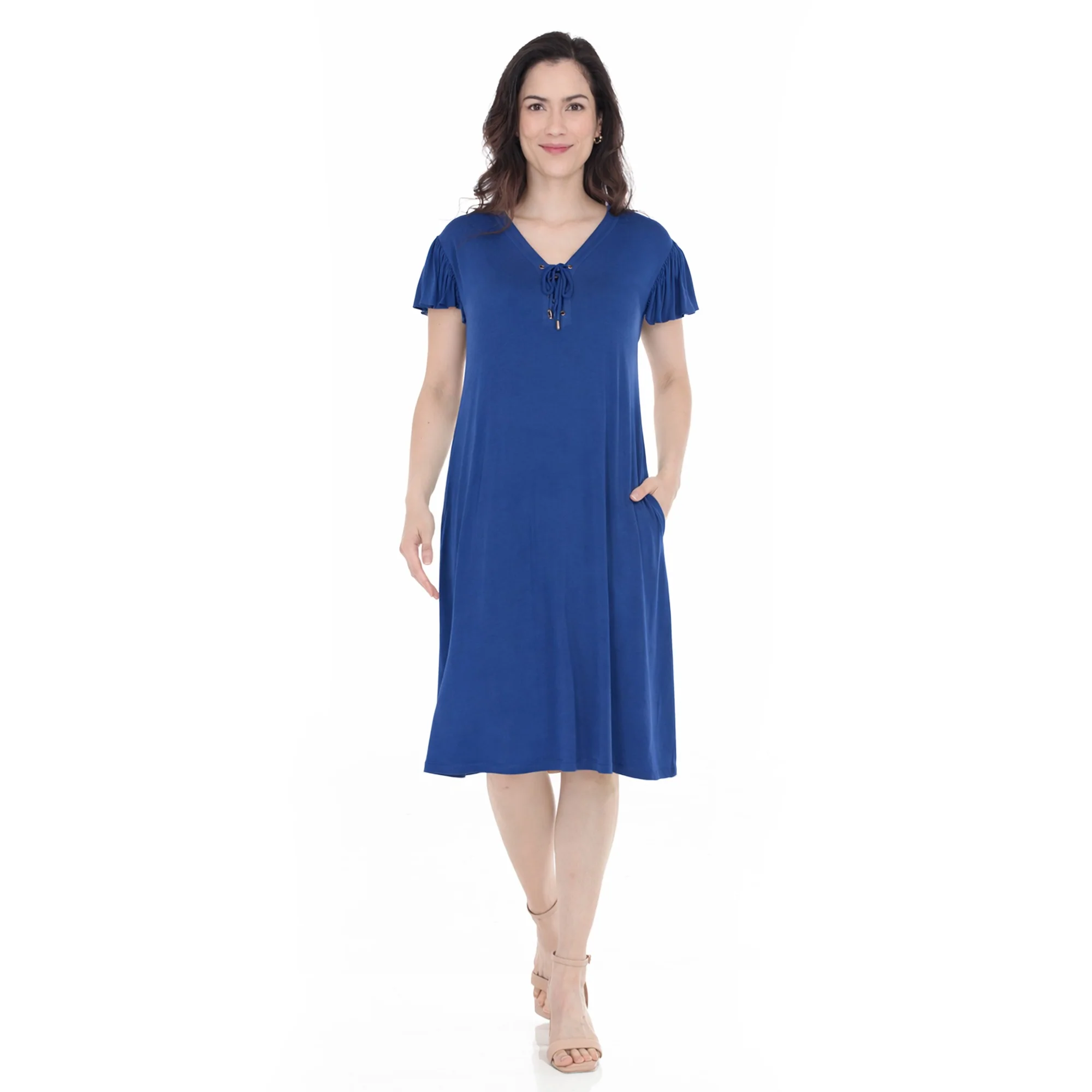 Women's V-Neck Tie Front Flutter Sleeve Shift Dress - Image 10
