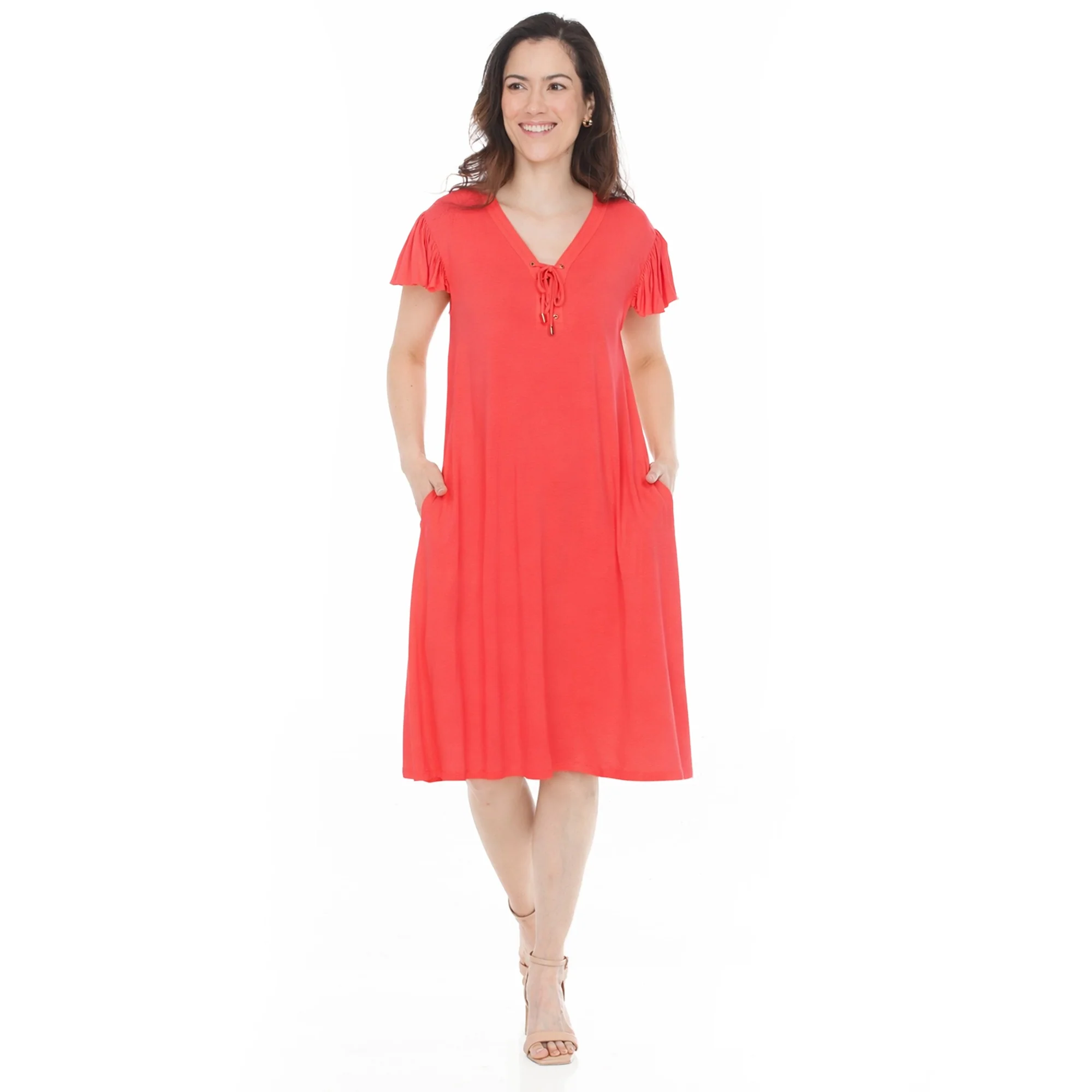 Women's V-Neck Tie Front Flutter Sleeve Shift Dress - Image 11