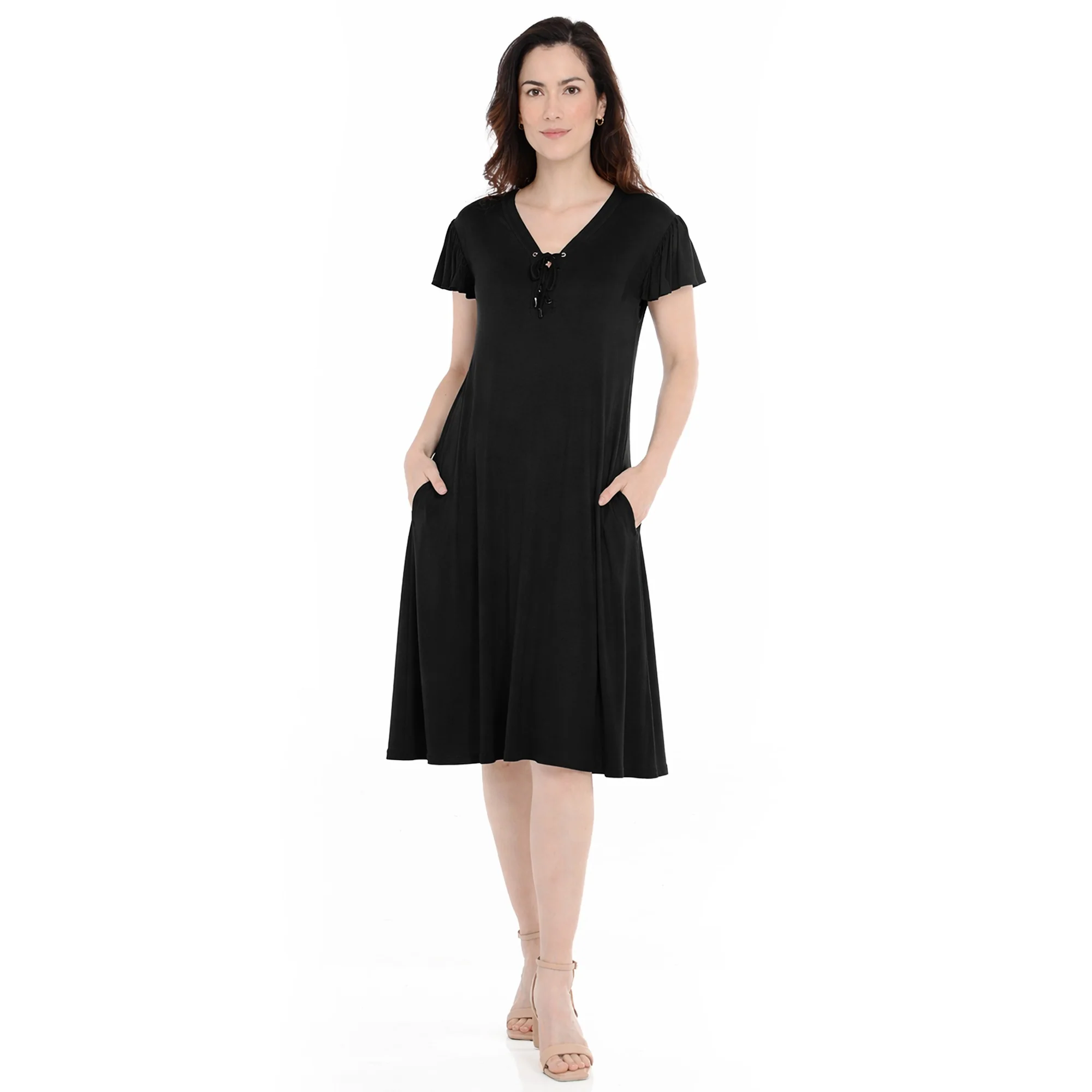 Women's V-Neck Tie Front Flutter Sleeve Shift Dress - Image 5