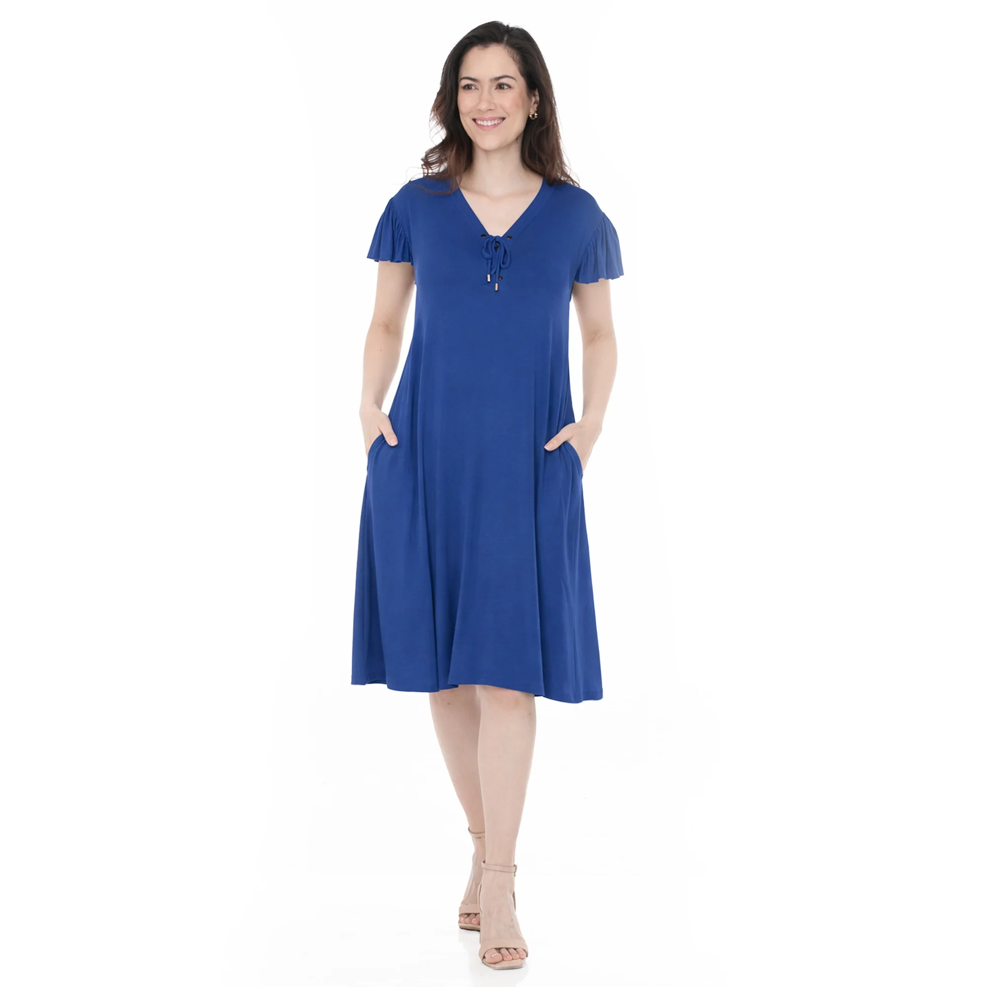Women's V-Neck Tie Front Flutter Sleeve Shift Dress - Image 6