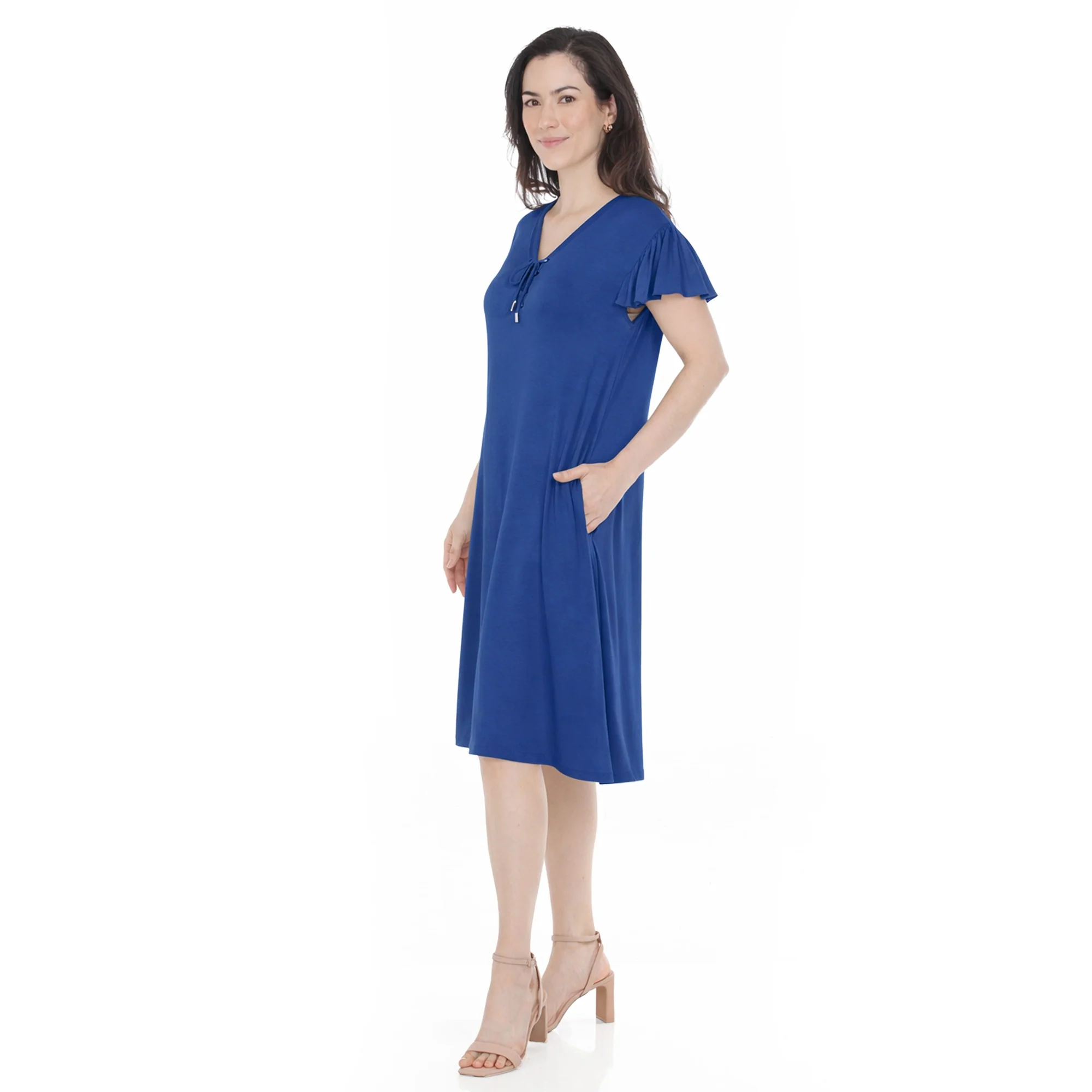 Women's V-Neck Tie Front Flutter Sleeve Shift Dress - Image 7