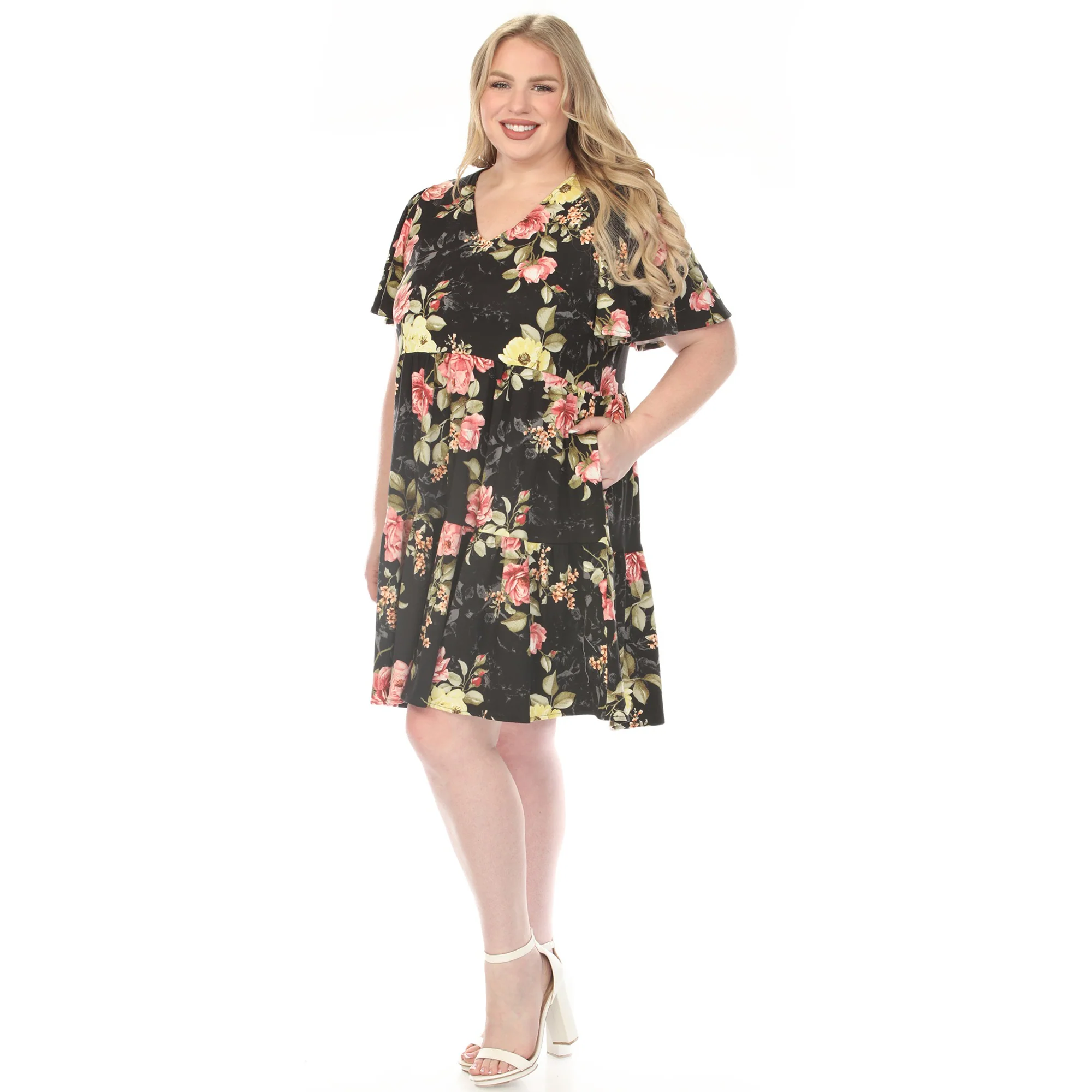 Women's  V-Neck Tropical Flower Short Sleeve Dress - Image 2