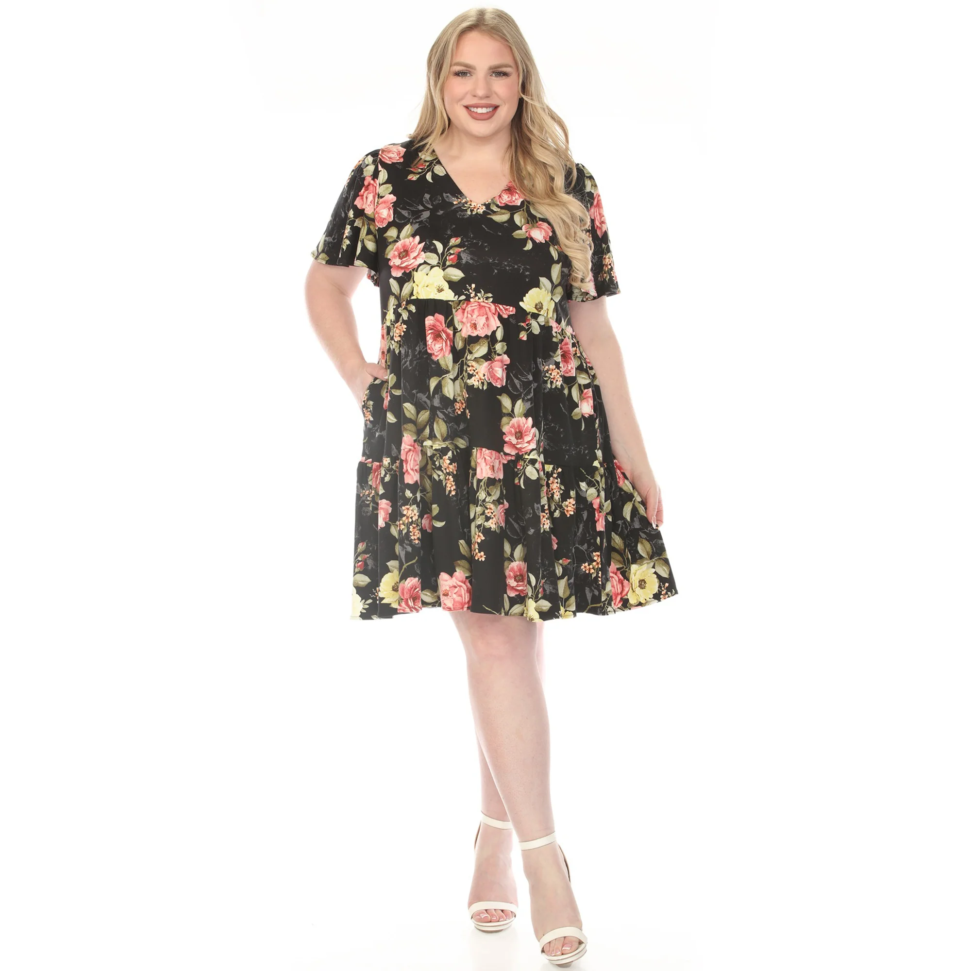 Women's  V-Neck Tropical Flower Short Sleeve Dress - Image 5