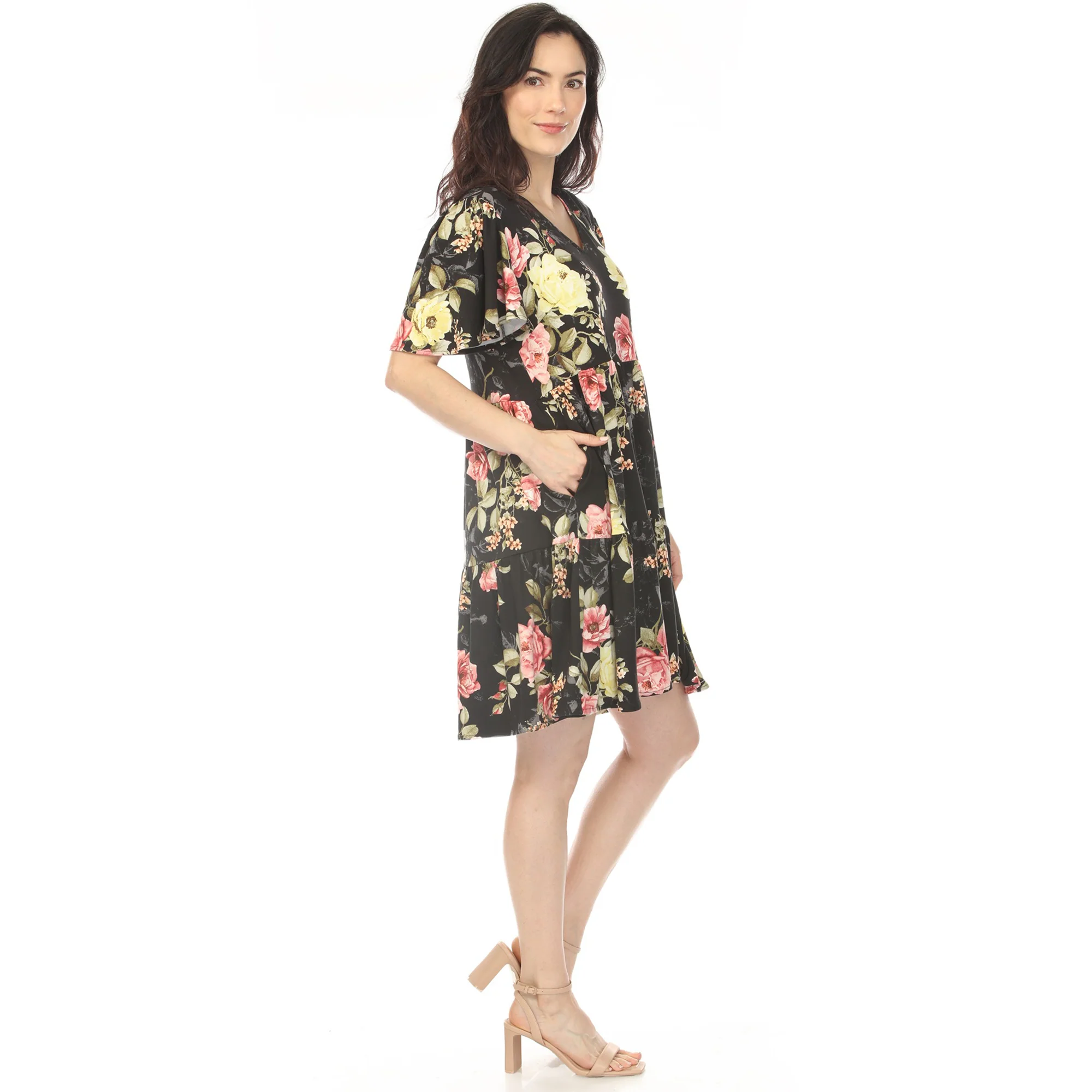 Women's V-Neck Tropical Flower Short Sleeve Dress - Black - Image 2