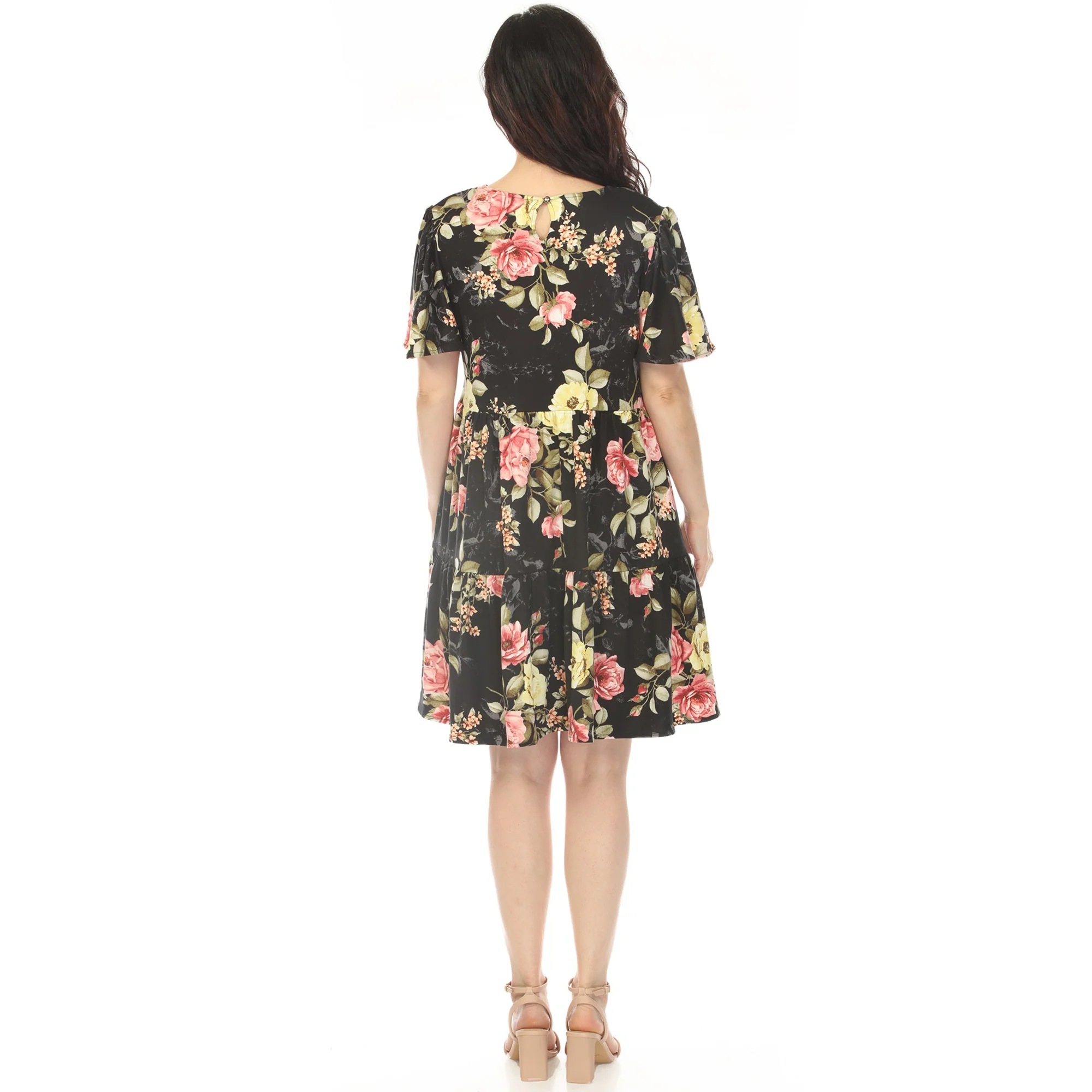 Women's V-Neck Tropical Flower Short Sleeve Dress - Black - Image 3