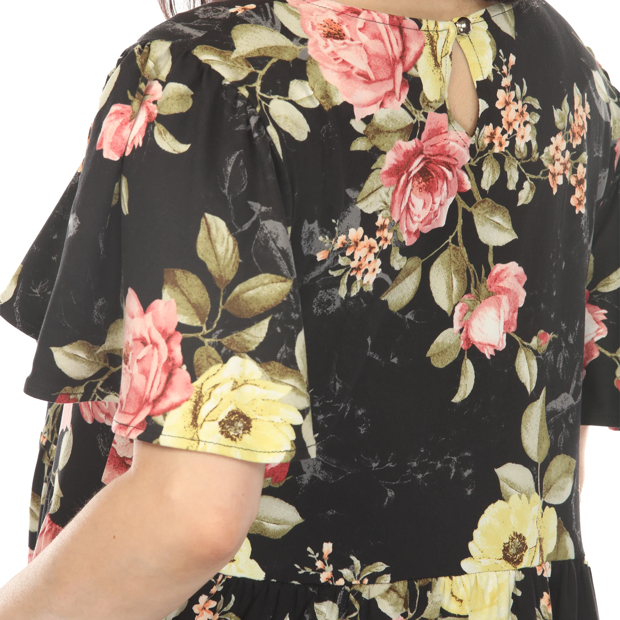 Women's V-Neck Tropical Flower Short Sleeve Dress - Black - Image 4