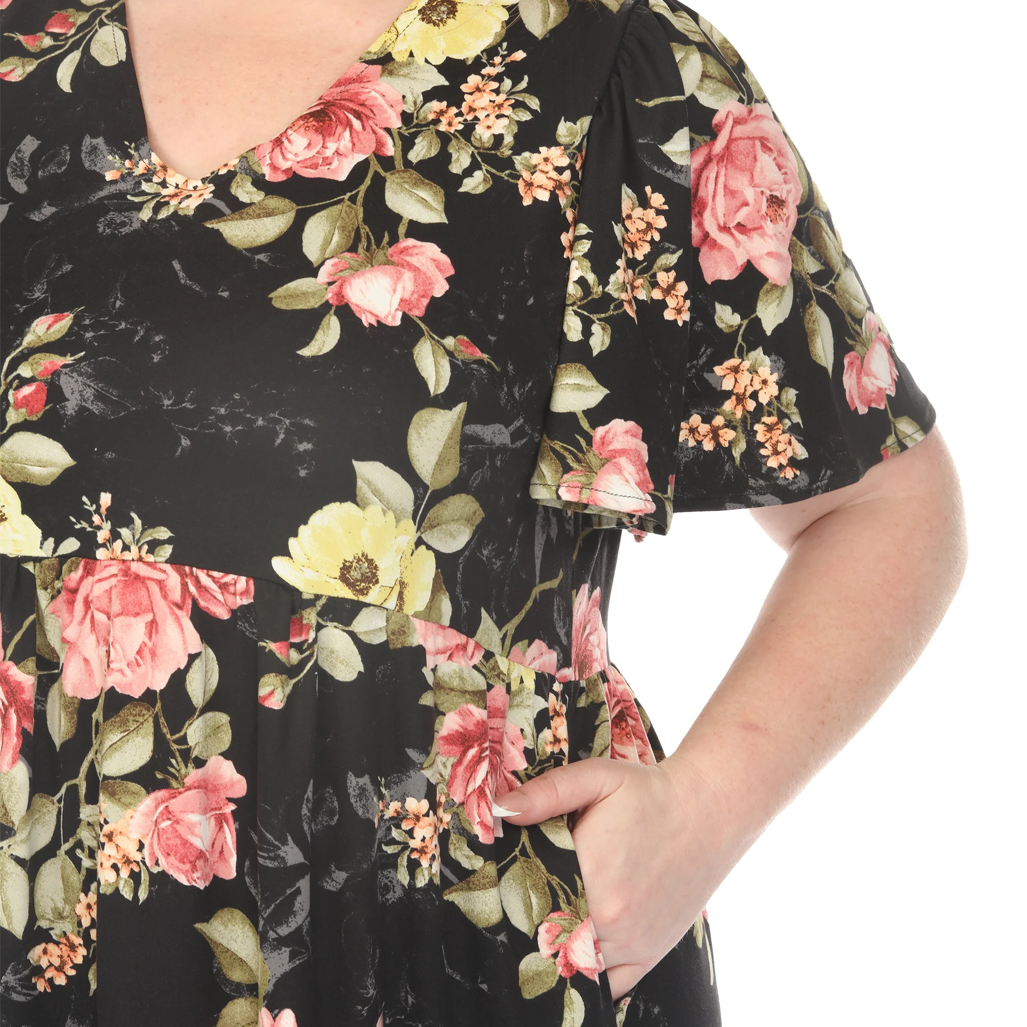Women's  V-Neck Tropical Flower Short Sleeve Dress - Black - Plus - Image 4