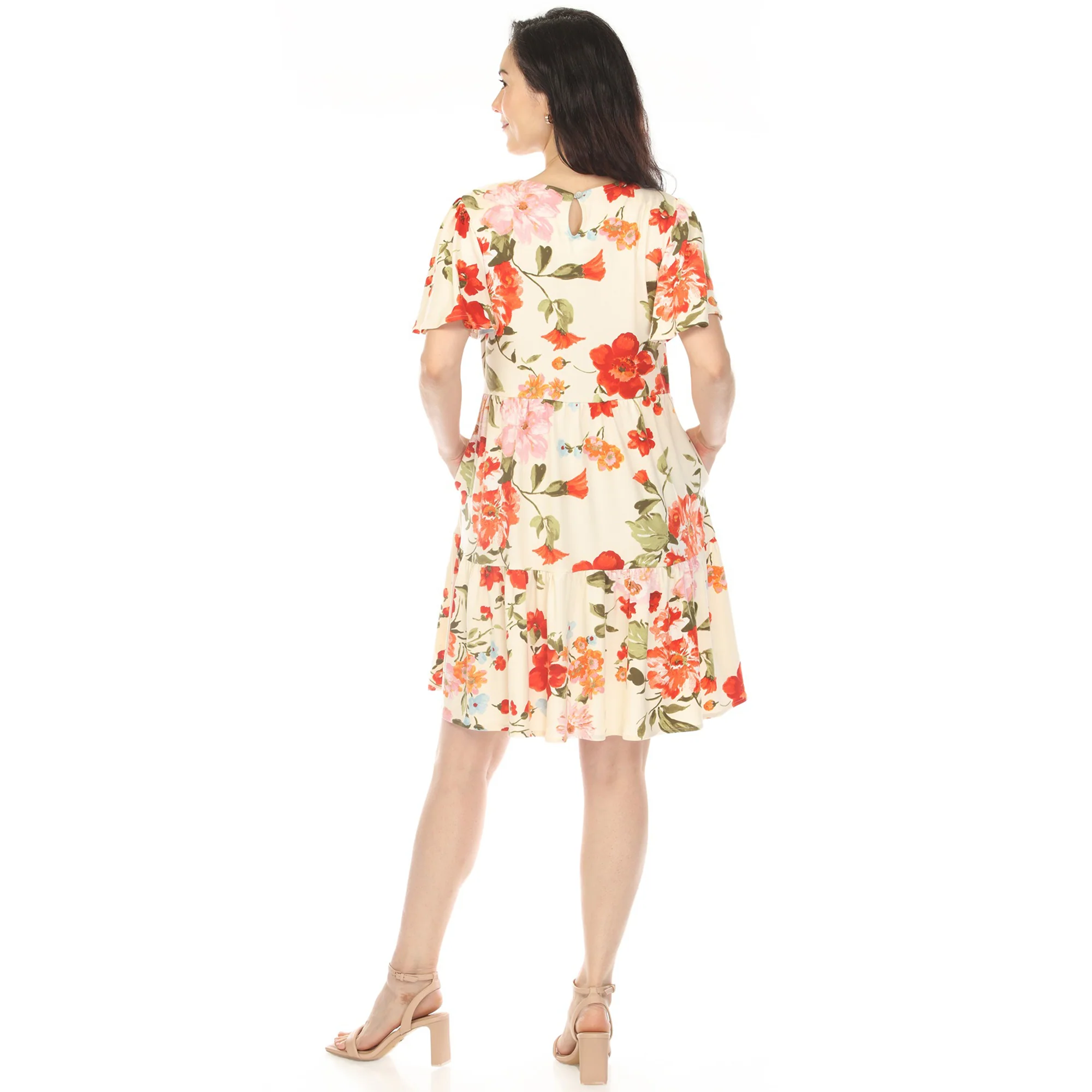 Women's V-Neck Tropical Flower Short Sleeve Dress - Ivory - Image 3